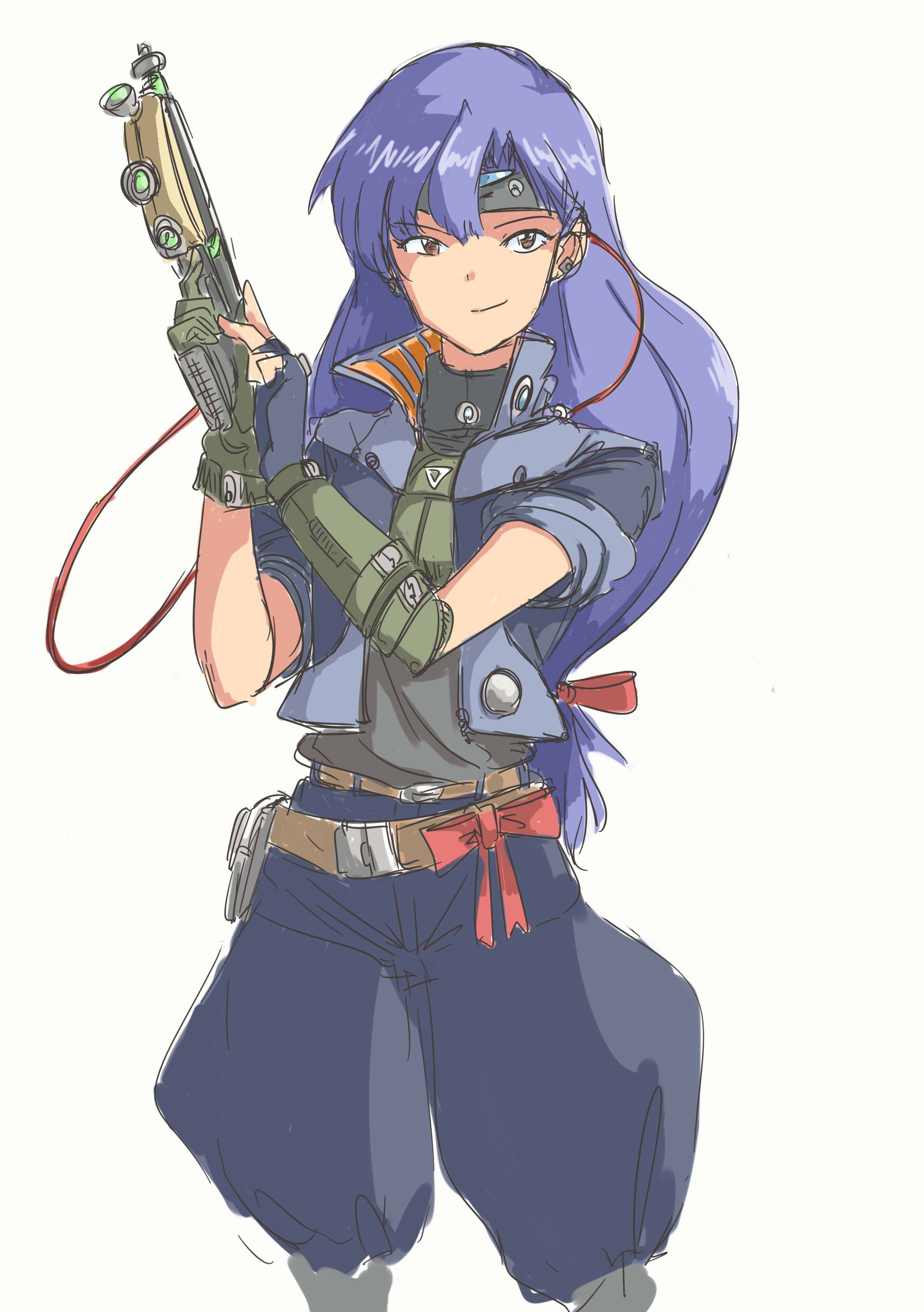 kakuanko, kisaragi chihaya, idolmaster, idolmaster (classic), absurdres, cosplay request, highres, 1girl, belt, blue hair, bow, brown eyes, closed mouth, collared jacket, cowboy shot, cropped jacket, fingerless gloves, gloves, gun, headband, holding, holding gun, holding weapon, jacket, jodhpurs, long hair, low-tied long hair, pants, popped collar, red bow, short sleeves, simple background, smirk, solo, standing, weapon, white background