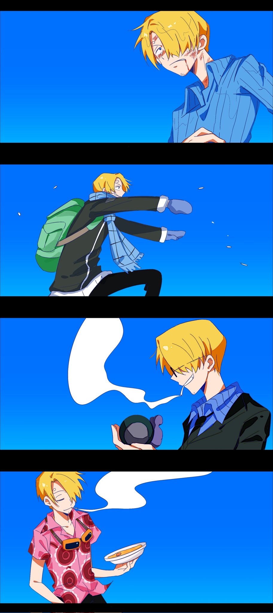 den den mushi, sanji (one piece), one piece, commentary request, highres, 1boy, bag, blonde hair, blood, blood on face, blue scarf, blue shirt, blue sky, cigarette, closed eyes, coat, curly eyebrows, dingdang0724, facial hair, gloves, goatee, goggles, goggles around neck, multiple views, pink shirt, profile, scarf, shirt, short hair, shoulder bag, sky, smile, smoke, sunglasses