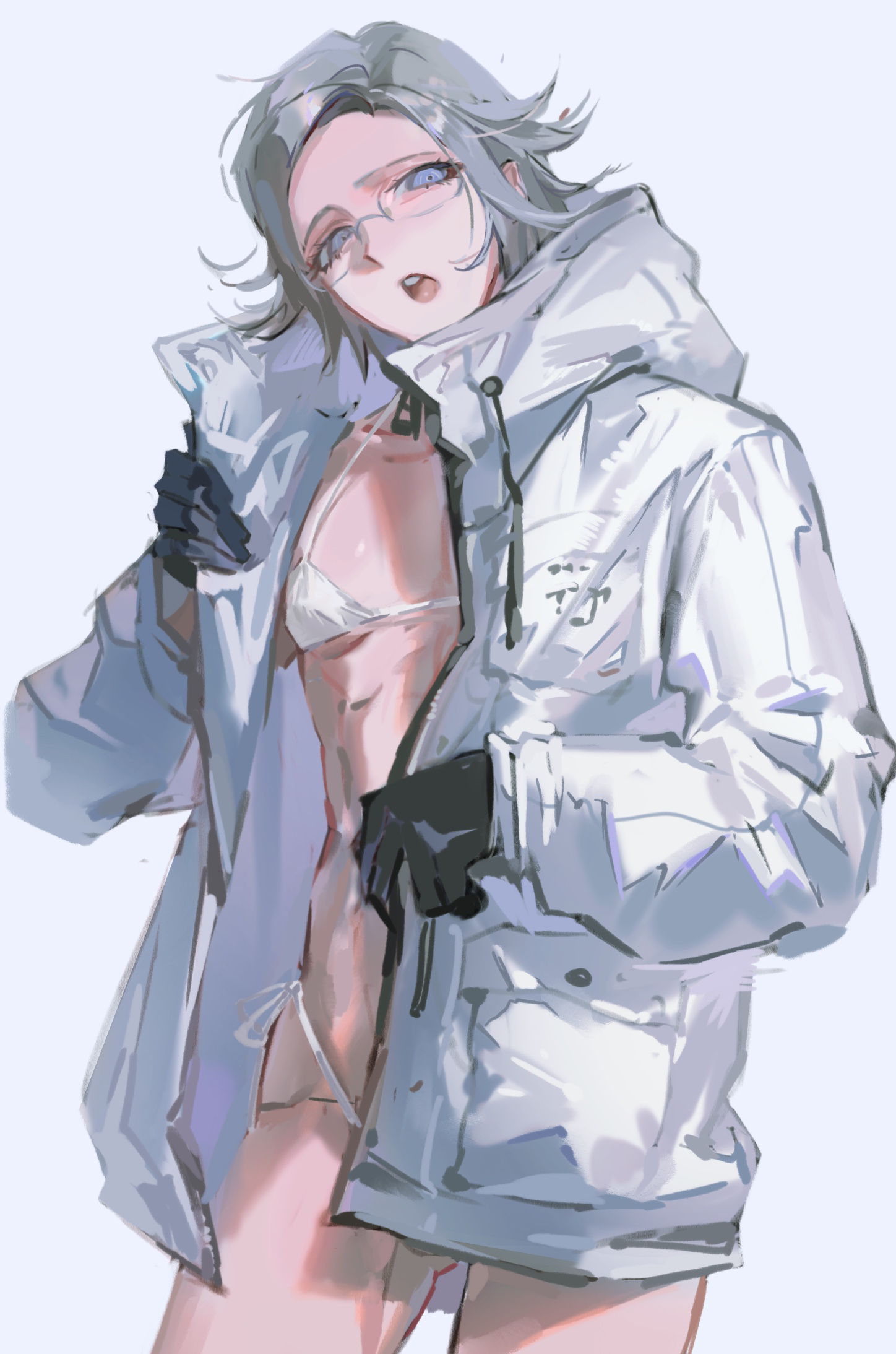 aotsuki eito, the hundred line -last defense academy-, chinese commentary, commentary request, highres, variant set, 1boy, black gloves, bra, breast pocket, clothes tug, cowboy shot, crossdressing, crossdressing (mtf), glasses, gloves, grey eyes, grey hair, jacket, lineko, looking at viewer, male focus, no pants, no shirt, open clothes, open jacket, open mouth, pocket, short hair, simple background, solo, teeth, thong, underwear, unzipped, upper teeth only, white background, white bra, white jacket