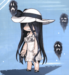 shinonome yahiro, taimanin (series), taimanin rpgx, animated, animated gif, lowres, official art, 1girl, :>, aqua background, bouncing breasts, breasts, chibi, cleavage, curvy, dress, full body, hair over eyes, hat, long hair, looking ahead, multiple others, sandals, see-through clothes, shaded face, shiny skin, simple background, smile, solo, spaghetti strap, spirit, standing, sun hat, sundress, very long hair, white dress, wide hips