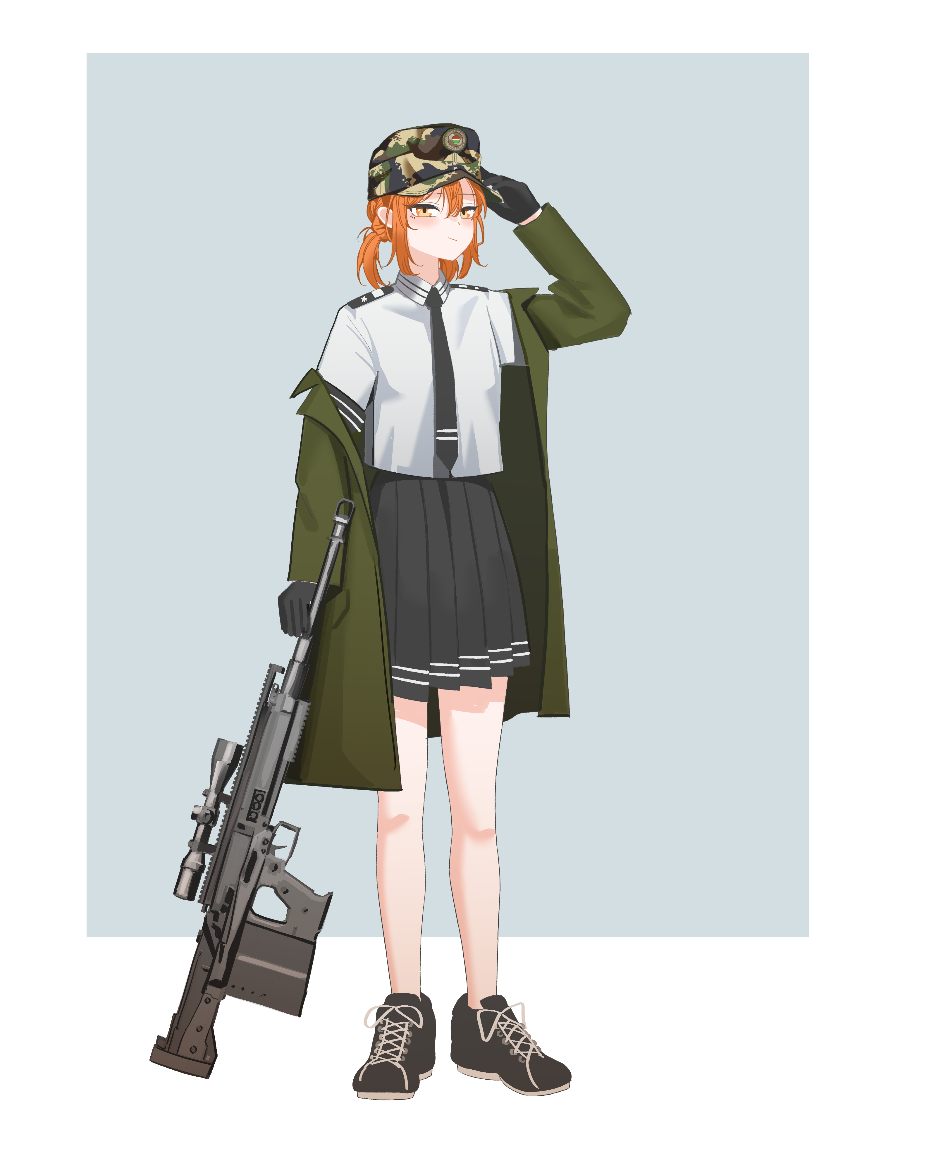 gulyas, original, absurdres, highres, 1girl, adapted uniform, anti-materiel rifle, black gloves, black necktie, black shoes, black skirt, border, breasts, bullpup, camouflage, camouflage headwear, coat, coat partially removed, cockade, epaulettes, field cap, gepard gm6 lynx, gloves, green coat, gun, hair between eyes, hat, holding, holding gun, holding weapon, hungarian army, hungarian flag, hungary, medium hair, military hat, necktie, orange eyes, orange hair, plaid clothes, plaid skirt, rifle, salute, scope, semi-automatic rifle, shirt, shoes, sidelocks, simple background, skirt, small breasts, sneakers, sniper rifle, twintails, weapon, white shirt, woodland camouflage