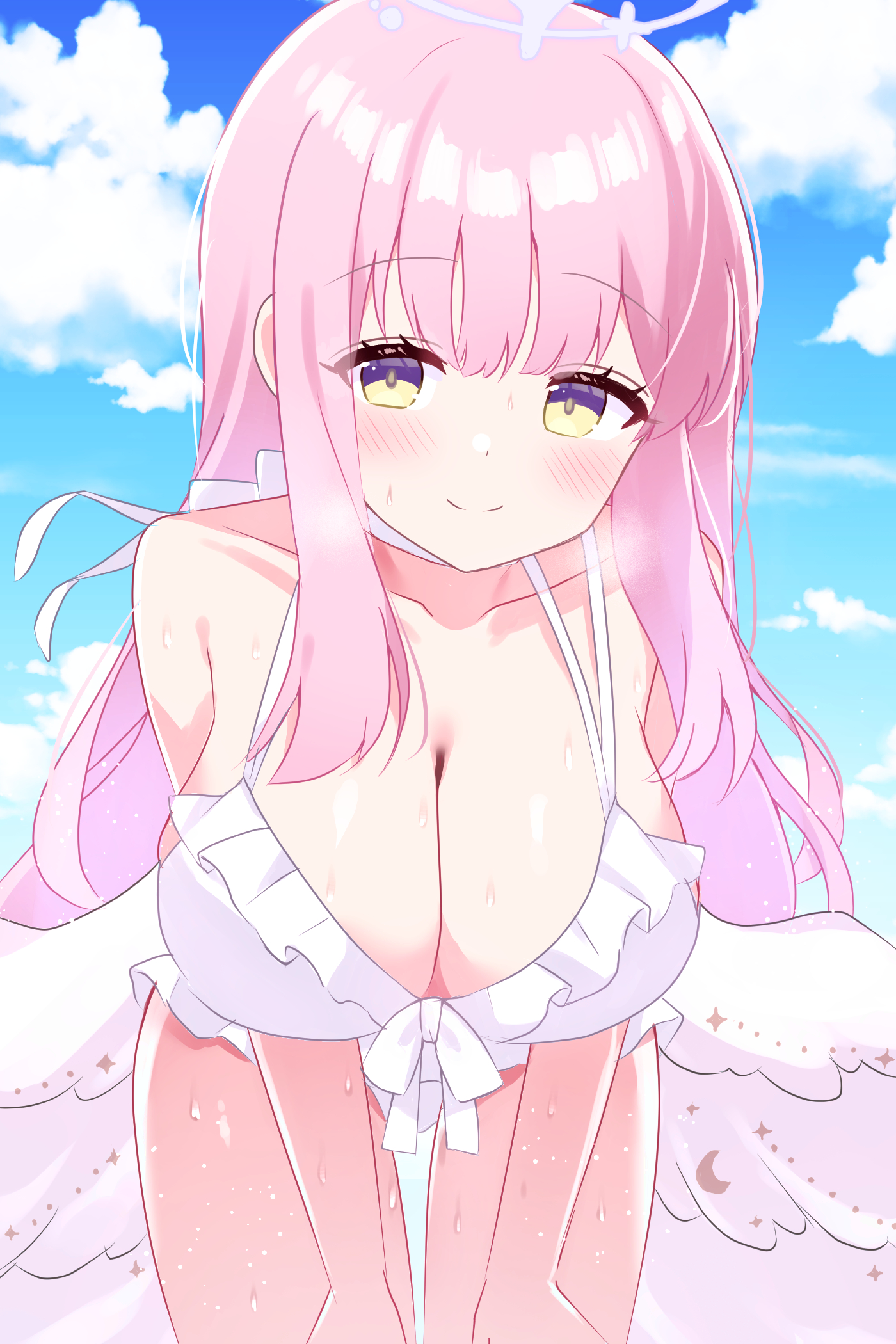 mika (blue archive), mika (swimsuit) (blue archive), blue archive, commentary request, highres, 1girl, angel wings, bikini, blush, breasts, cleavage, closed mouth, cloud, cloudy sky, collarbone, feathered wings, frilled bikini, frills, halo, hmkm3284, large breasts, leaning forward, long hair, low wings, official alternate costume, official alternate hairstyle, pink hair, pink halo, sky, smile, solo, swimsuit, very long hair, wet, white bikini, white wings, wing ornament, wings, yellow eyes