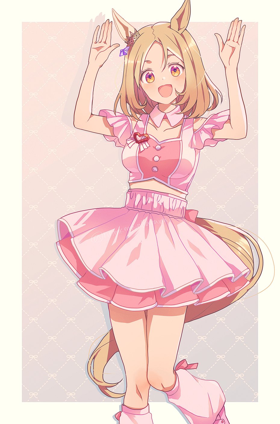 nnmkmwakaranai, narita top road (umamusume), umamusume, commentary request, highres, 1girl, :d, animal ears, arms up, blush, border, breasts, collarbone, drop shadow, ear ornament, feet out of frame, horse ears, horse girl, horse tail, looking at viewer, loose socks, meni shuki rush-sshu!, open mouth, outside border, pink background, pink eyes, pink shirt, pink shoes, pink skirt, pink socks, shirt, shoes, short sleeves, skirt, smile, socks, solo, standing, tail, white border