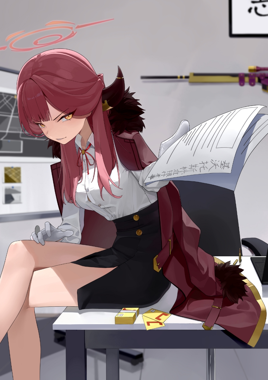 aru (blue archive), blue archive, commentary request, highres, 1girl, black skirt, brown horns, chair, coat, coat on shoulders, credit card, crossed legs, demon horns, dress shirt, fur-trimmed coat, fur trim, giving, gloves, gun, h&k psg1, halo, hand on own leg, high-waist skirt, holding, holding paper, horns, incoming object, indoors, long hair, long sleeves, looking at viewer, neck ribbon, office chair, orange halo, paper, parted lips, red coat, red hair, red ribbon, ribbon, rifle, shirt, sitting, sitting on table, skirt, sniper rifle, solo, swivel chair, user cpga2388, weapon, white gloves, white shirt, whiteboard, yellow eyes