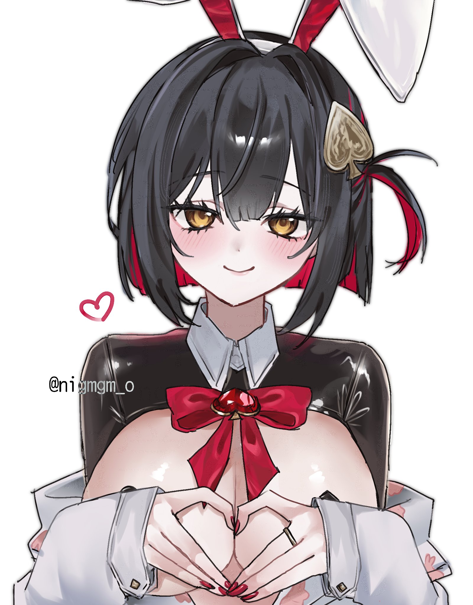 nigmgm o, rouge (nikke), rouge (unlucky rabbit) (nikke), goddess of victory: nikke, commentary, highres, symbol-only commentary, 1girl, animal ear hairband, animal ears, blunt ends, blush, bow, bowtie, breasts, closed mouth, colored inner hair, covering breasts, covering privates, fake animal ears, fingernails, four-finger heart hands, frontless outfit, hair intakes, hairband, hands on own chest, heart, heart hands, jacket, large breasts, latex shrug, looking at viewer, multicolored hair, nail polish, off shoulder, one side up, pasties, rabbit ear hairband, rabbit ears, red bow, red bowtie, red hair, red nails, reverse bunnysuit, reverse outfit, short hair, shrug (clothing), simple background, smile, solo, twitter username, upper body, white background, white jacket, yellow eyes