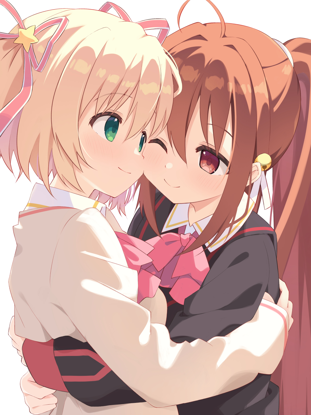 minase kaya, little busters!, highres, 2girls, ;), ahoge, arms around waist, bell, black jacket, blonde hair, blush, bow, bowtie, brown hair, cheek press, closed mouth, eye contact, green eyes, hair bell, hair between eyes, hair intakes, hair ornament, hair ribbon, happy, hug, jacket, jingle bell, little busters! school uniform, long hair, looking at another, multiple girls, one eye closed, pink bow, pink bowtie, ponytail, red eyes, red ribbon, ribbon, school uniform, short hair, sidelocks, simple background, sleeves past wrists, smile, split mouth, star (symbol), star hair ornament, sweater, tareme, two side up, upper body, very long hair, white background, white ribbon, yellow sweater, yuri