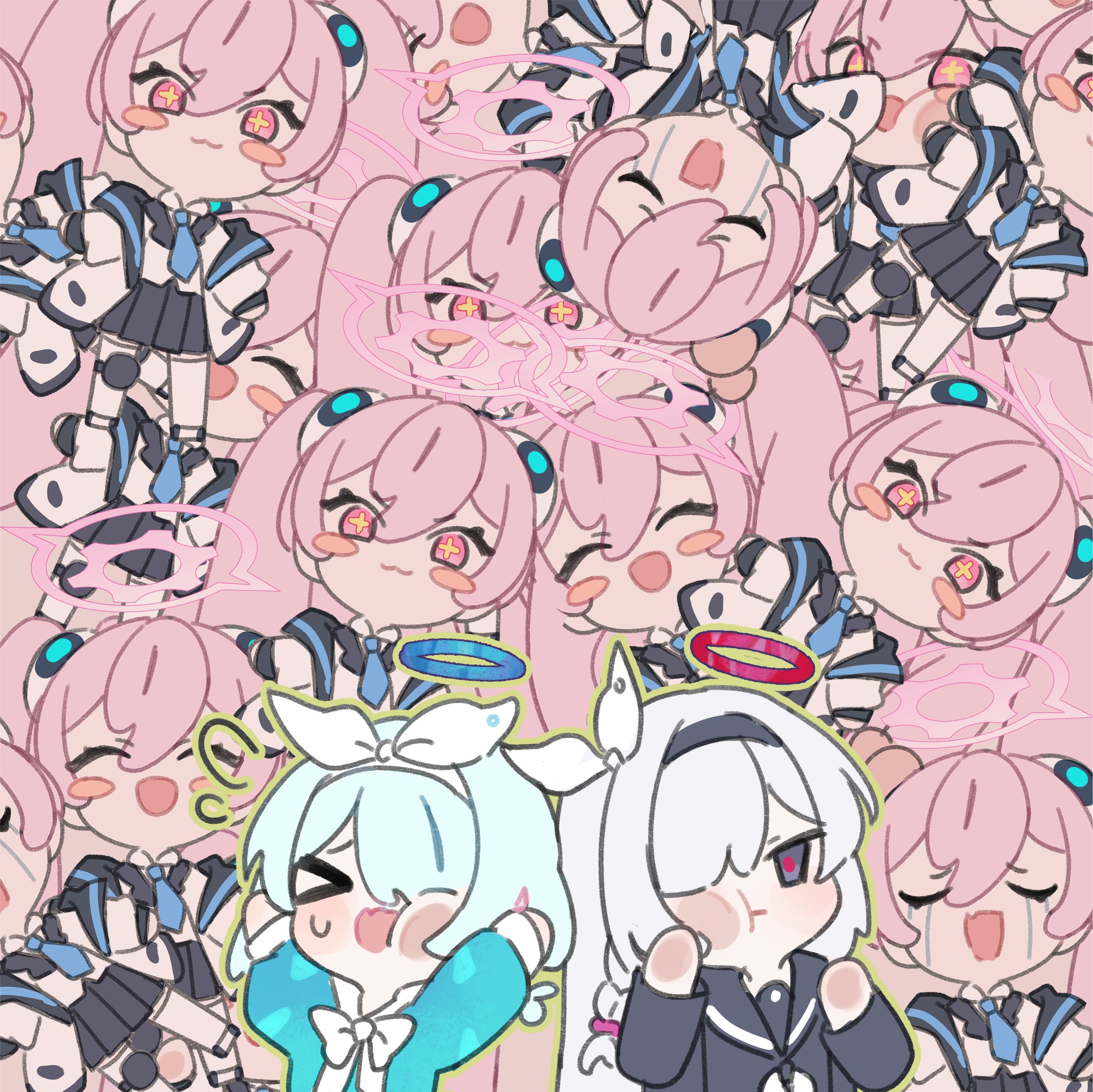 may.l, arona (blue archive), koyuki (blue archive), plana (blue archive), blue archive, absurdres, commentary, highres, 6+girls, black eyes, black hairband, blue archive 2025 hack, blue eyes, blue hair, braid, colored inner hair, crying, hair over one eye, hairband, halo, long hair, long sleeves, looking at viewer, multicolored hair, multiple girls, open mouth, pink eyes, pink hair, red halo, sailor collar, school uniform, short hair, single braid, smile, twintails, very long hair, white hairband