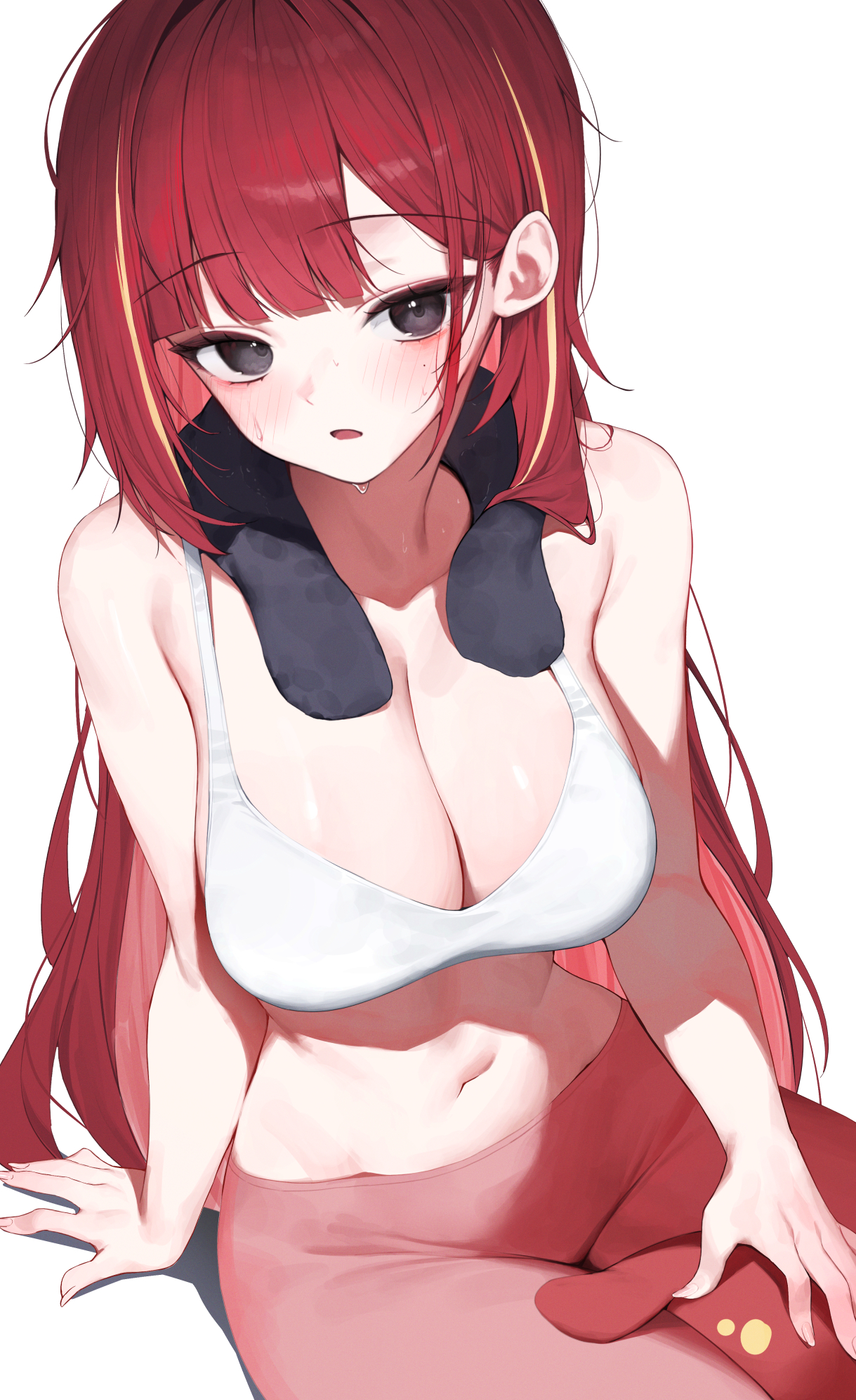 huhi (huhi 1211), akane lize, stellive, highres, 1girl, bare shoulders, blonde hair, breasts, cleavage, grey eyes, large breasts, long hair, looking at viewer, mole, mole on cheek, mole under eye, multicolored hair, navel, red hair, simple background, solo, stomach, streaked hair, sweat, virtual youtuber, white background