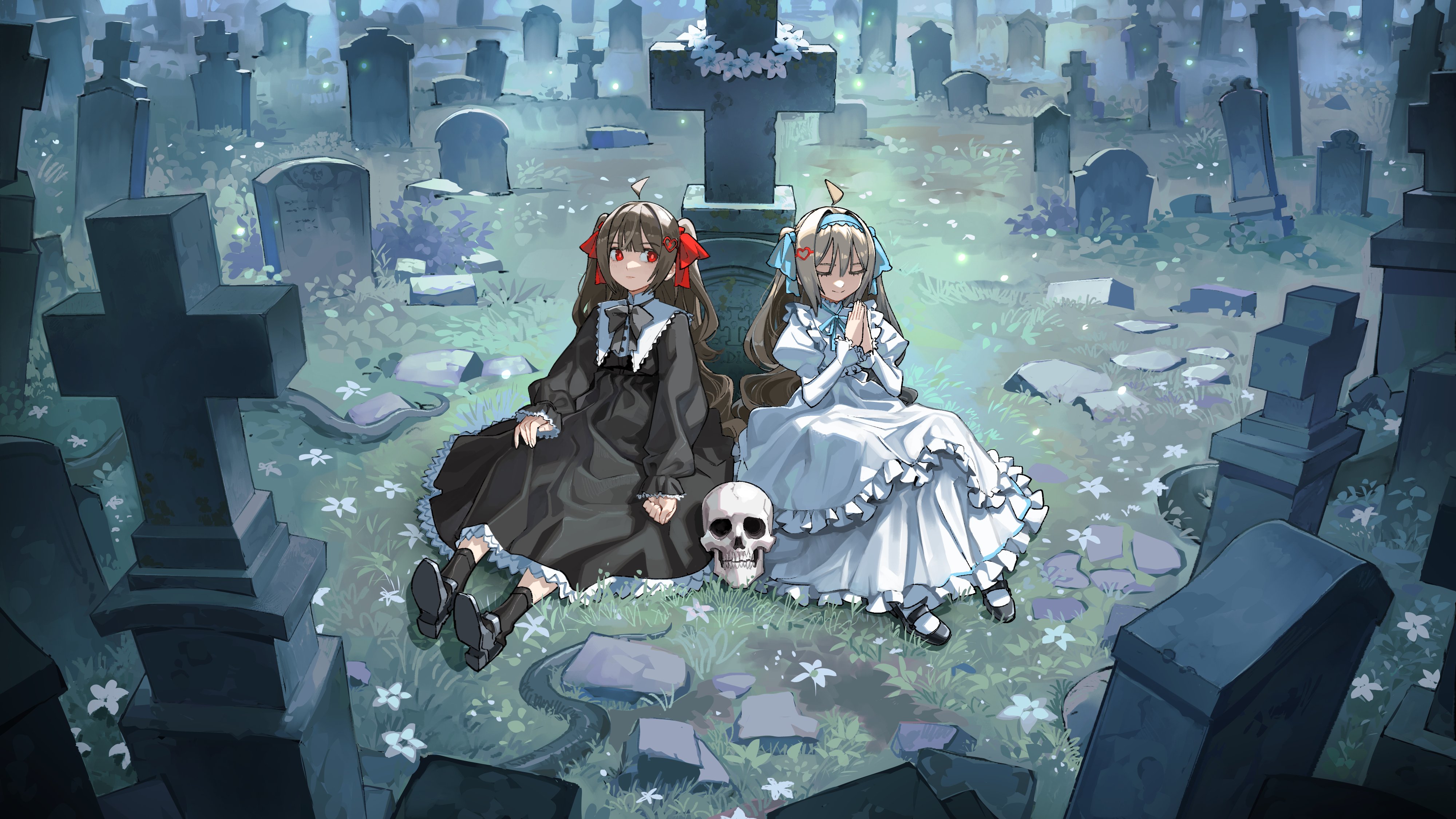 letro, evil neuro-sama, neuro-sama, absurdres, highres, 2girls, black bow, black bowtie, black dress, black shoes, black socks, blue ribbon, bow, bowtie, brown hair, closed eyes, dress, graveyard, hair ornament, hairpin, heart, heart hair ornament, long hair, multiple girls, praying, red eyes, red ribbon, ribbon, shoes, sitting, skull, snake, socks, tombstone, two side up, vedal ai, white dress