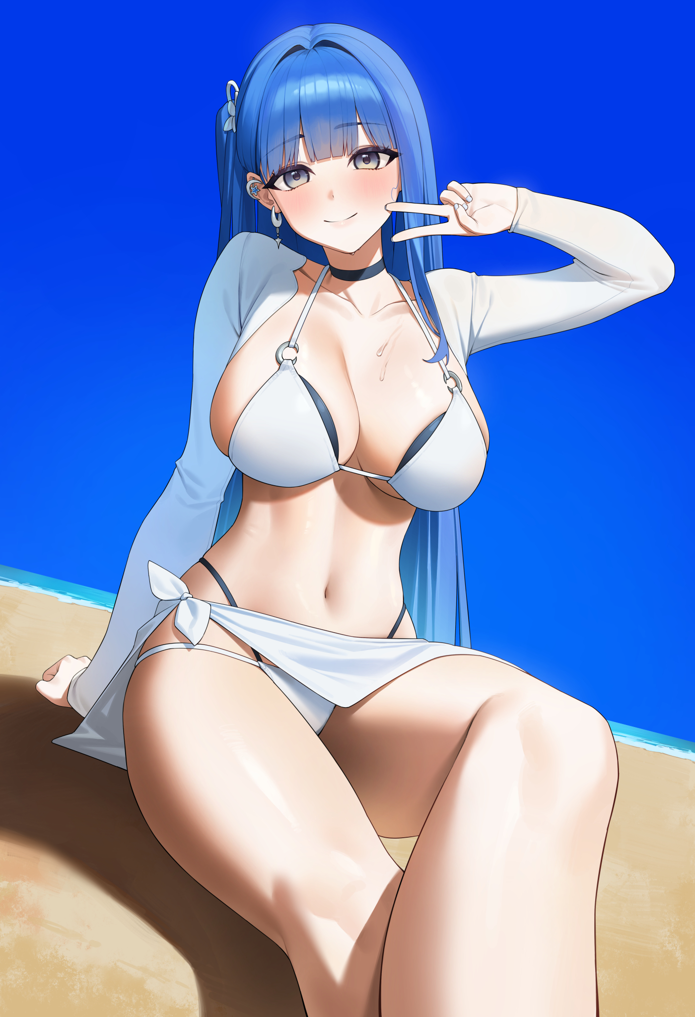 narut (gurenarut), arcana (nikke), goddess of victory: nikke, highres, 1girl, beach, bikini, black choker, blue eyes, blue hair, blue sky, breasts, choker, cleavage, closed mouth, collarbone, earrings, jewelry, large breasts, long hair, navel, one side up, sarong, sitting, sky, smile, solo, stomach, swimsuit, thighs, v, very long hair, white bikini, white nails, white sarong