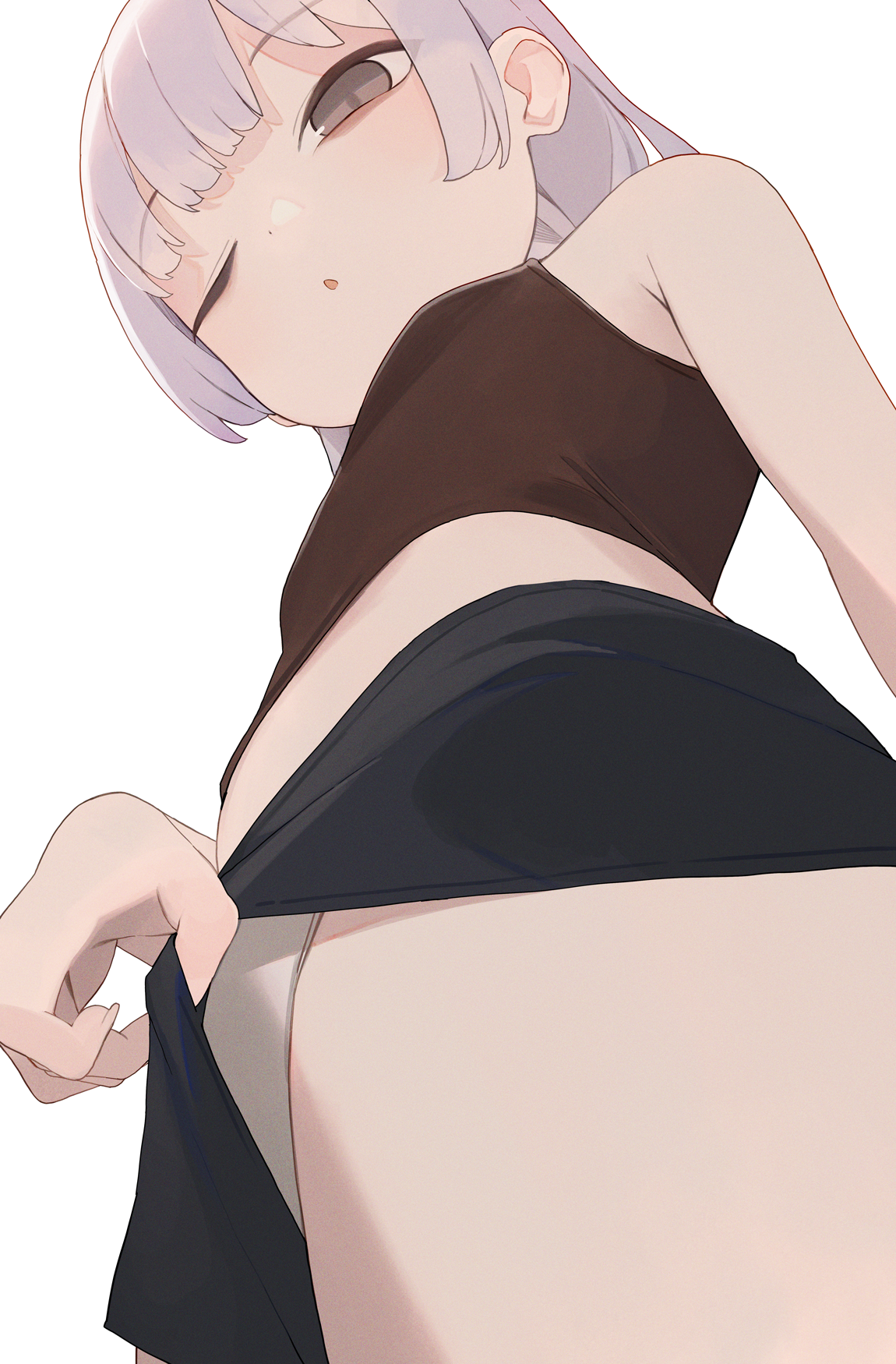 hiroki (yyqw7151), original, commentary request, highres, partial commentary, 1girl, ;o, black bra, black shorts, blush, bra, breasts, brown eyes, grey hair, grey panties, one eye closed, panties, panties under shorts, shorts, small breasts, solo, underwear