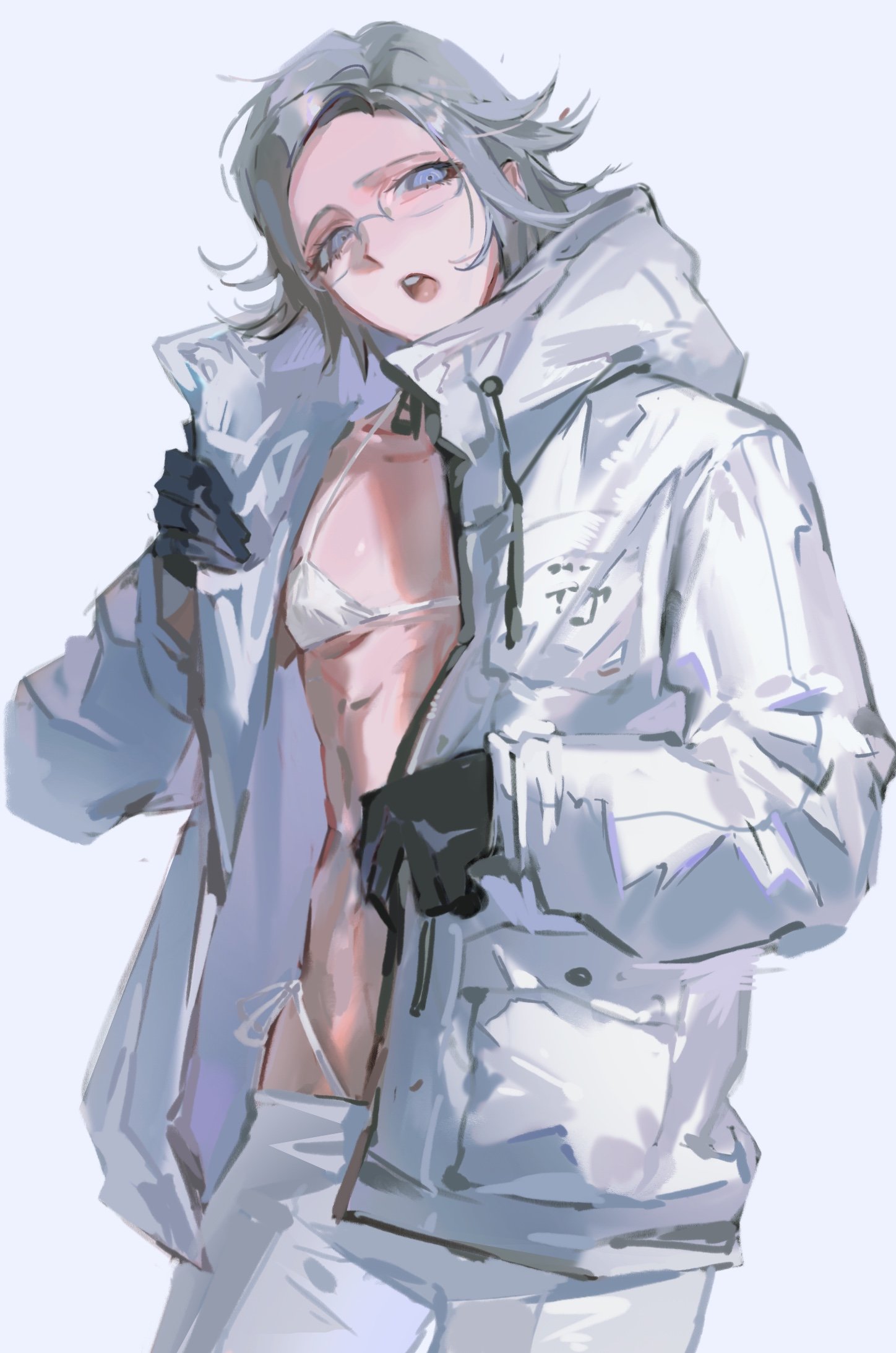 aotsuki eito, the hundred line -last defense academy-, commentary, english commentary, highres, variant set, 1boy, black gloves, bra, breast pocket, clothes tug, cowboy shot, crossdressing, crossdressing (mtf), glasses, gloves, grey eyes, grey hair, jacket, lineko, looking at viewer, male focus, no shirt, open clothes, open jacket, open mouth, pants, pocket, short hair, simple background, solo, teeth, thong, underwear, unzipped, upper teeth only, white background, white bra, white jacket, white pants