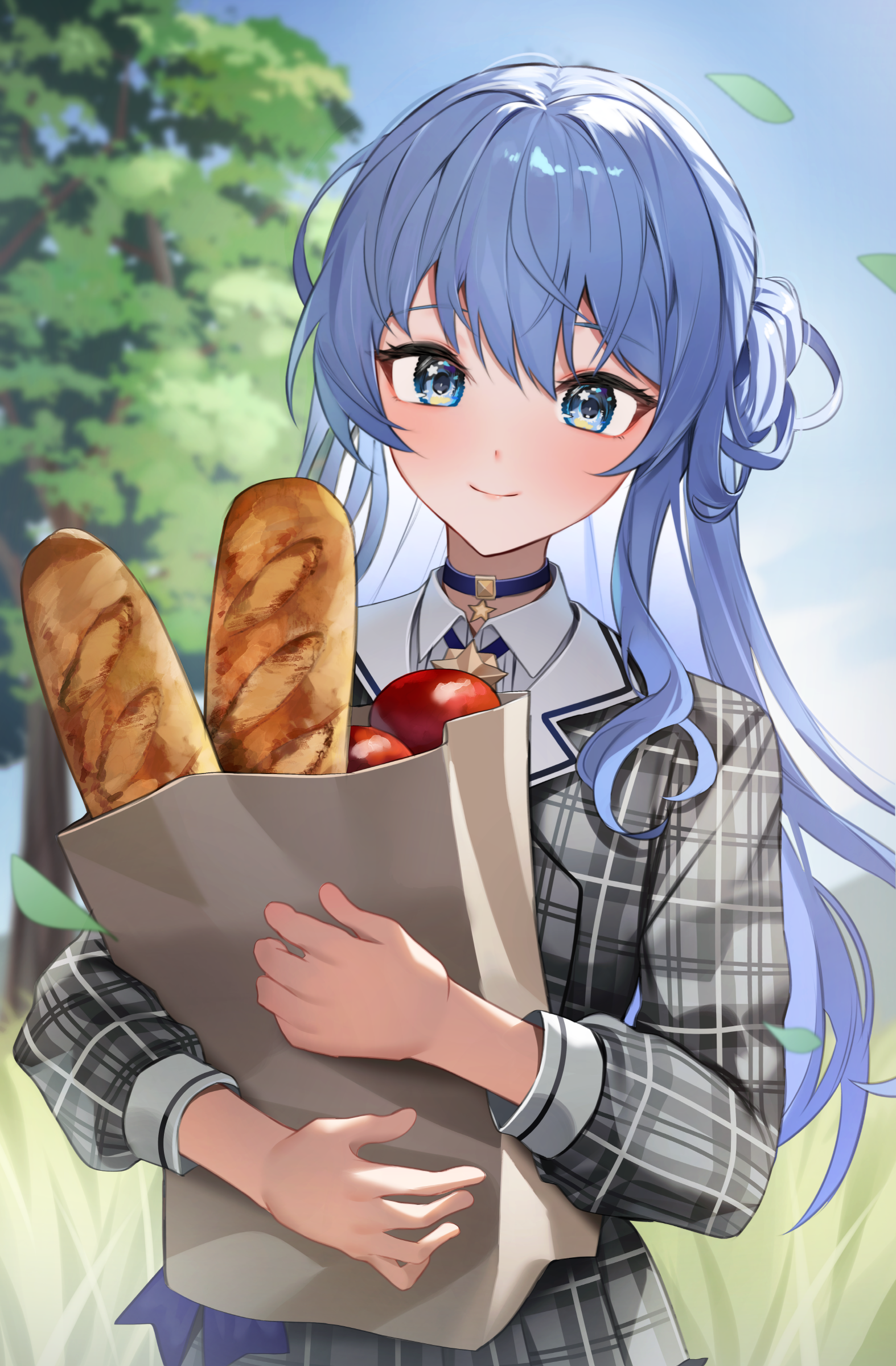 shuvi (shuvi1125), hoshimachi suisei, hoshimachi suisei (1st costume), hololive, absurdres, highres, 1girl, apple, bag, blue choker, blue eyes, blue hair, blue sky, bread, choker, day, food, fruit, grocery bag, hair bun, holding, holding bag, long hair, looking at viewer, outdoors, plaid clothes, plaid shirt, plaid skirt, shirt, shopping bag, single hair bun, skirt, sky, solo, star (symbol), star choker, tree, very long hair, virtual youtuber