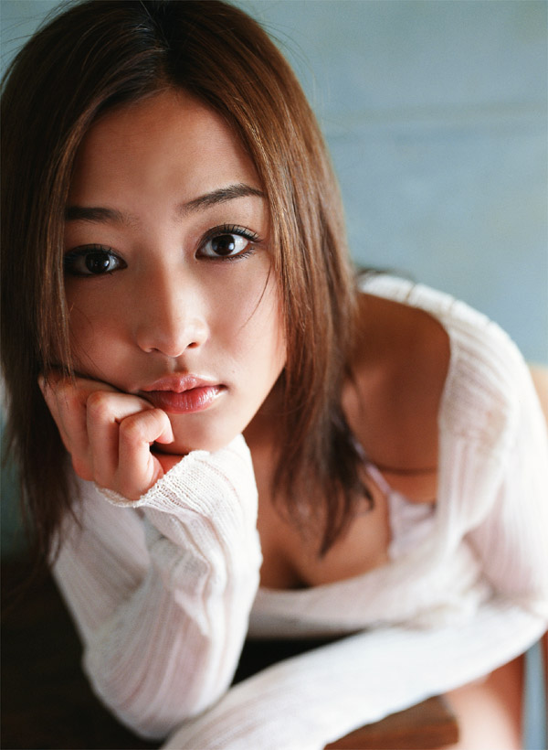 anzu sayuri, photo (medium), tagme, 1girl, asian, blurry, bra, depth of field, female focus, japanese (nationality), lingerie, looking at viewer, see-through clothes, solo, sweater, underwear