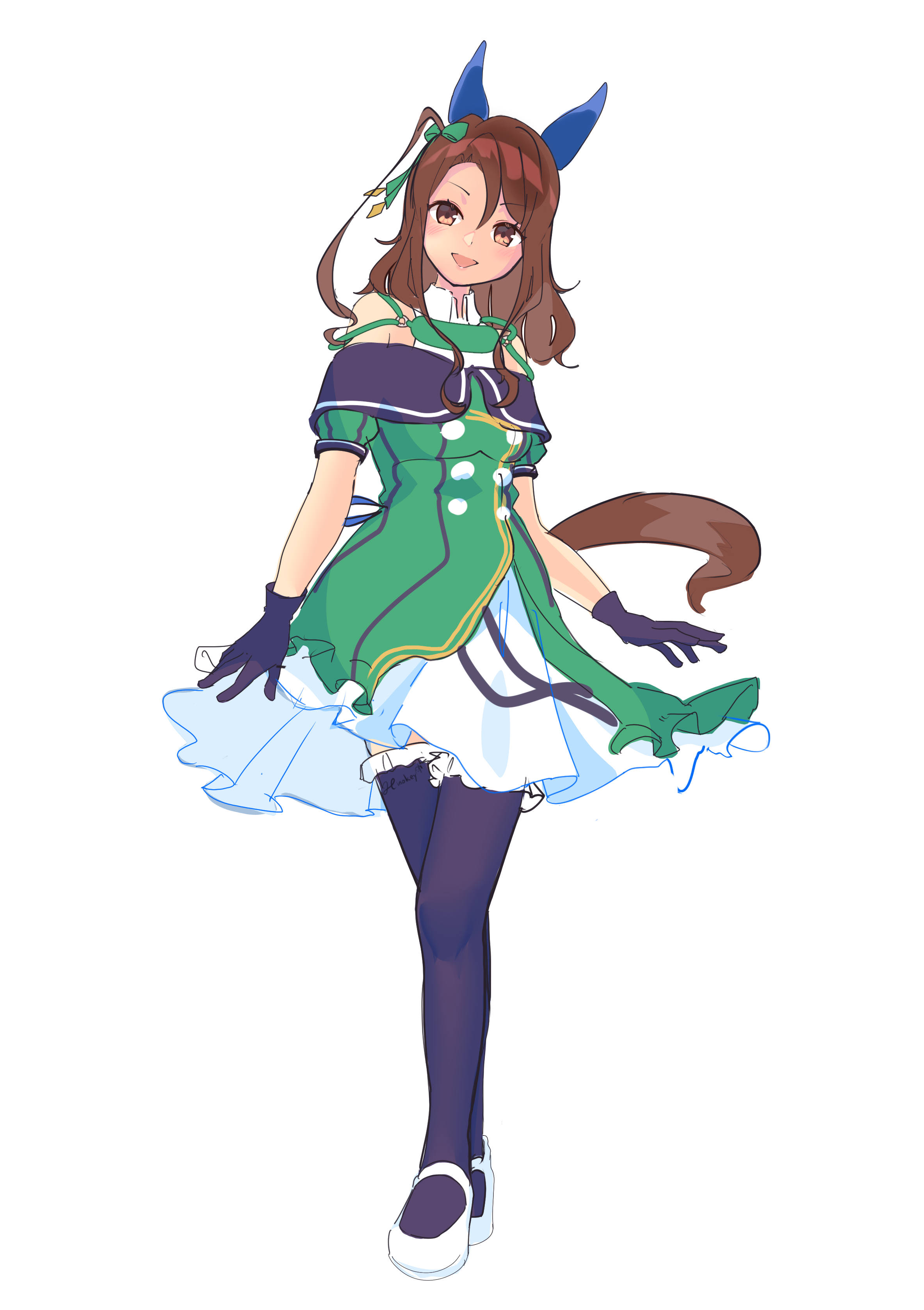 hinokey (hinokey0126), king halo (umamusume), umamusume, absurdres, highres, 1girl, animal ears, black gloves, black thighhighs, brown eyes, brown hair, dress, ear covers, full body, gloves, green dress, horse ears, horse girl, horse tail, off shoulder, simple background, smile, solo, tail, thigh strap, thighhighs, white background