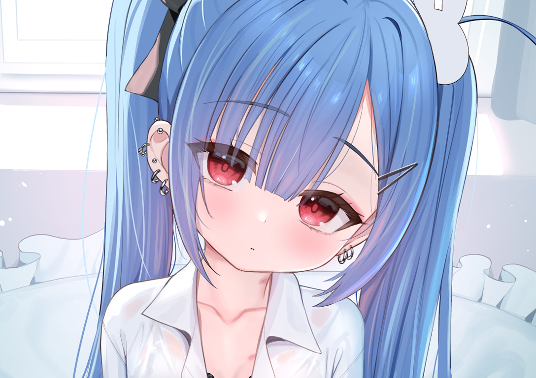 tsukiman, original, commentary request, cropped, paid reward available, 1girl, black bra, blue hair, bra, collarbone, collared shirt, day, dress shirt, ear piercing, frilled pillow, frills, hair between eyes, hair ornament, head tilt, indoors, kanae (tsukiman), long hair, looking at viewer, parted lips, piercing, pillow, rabbit hair ornament, red eyes, shirt, solo, sunlight, twintails, underwear, upper body, white shirt, window