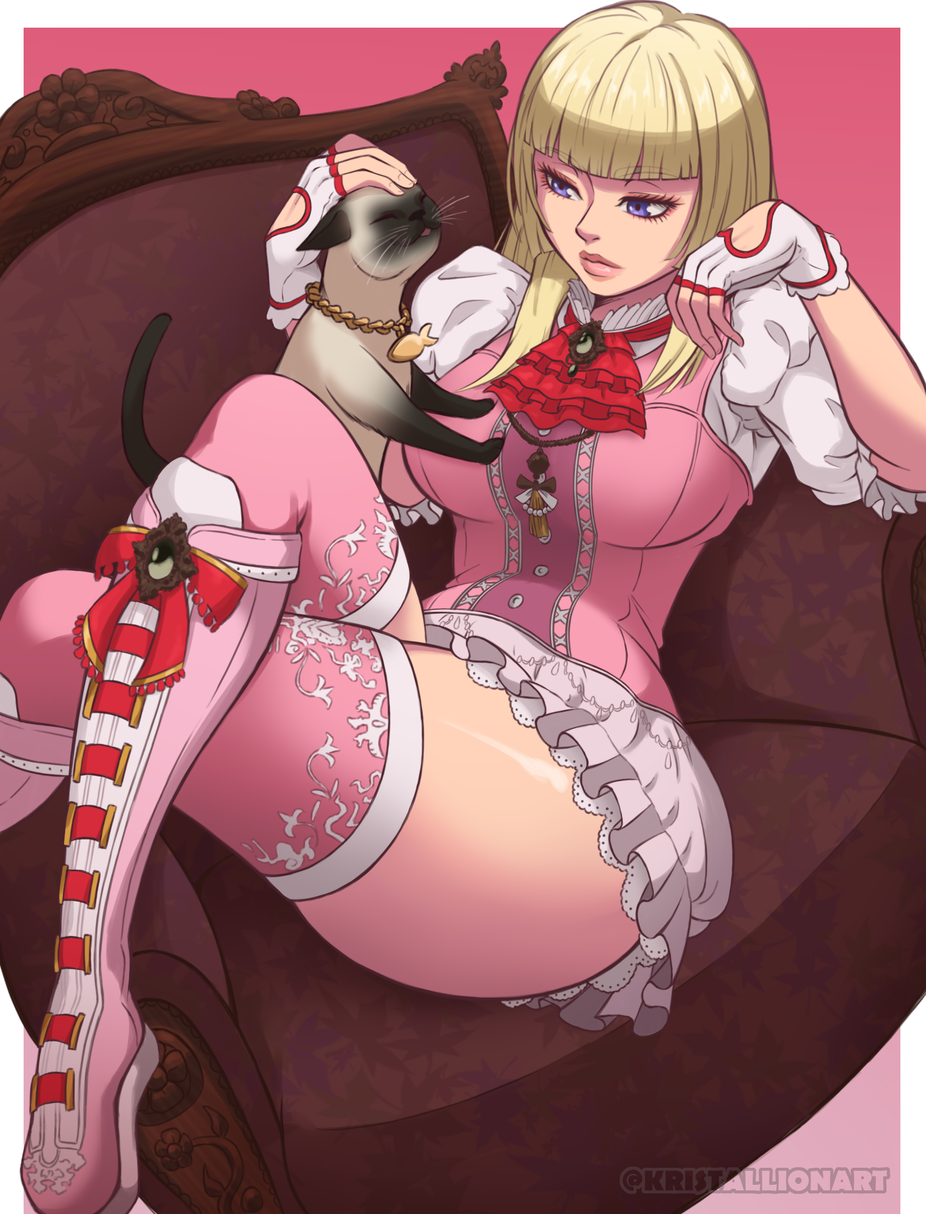 kristallion, salt (tekken), tekken, tekken 8, absurdres, highres, 1girl, ascot, blonde hair, blunt bangs, boots, breasts, brooch, cat, clothing cutout, couch, eyelashes, fingerless gloves, frilled skirt, frills, glove cutout, gloves, hand on animal, heart cutout, hime cut, jewelry, knee boots, lili (tekken), lips, long hair, lying, nose, on couch, petting, pink boots, pink thighhighs, print thighhighs, puffy short sleeves, puffy sleeves, purple eyes, red ascot, short sleeves, siamese cat, sitting, skirt, solo, thick thighs, thighhighs, thighs, twitter username, white gloves