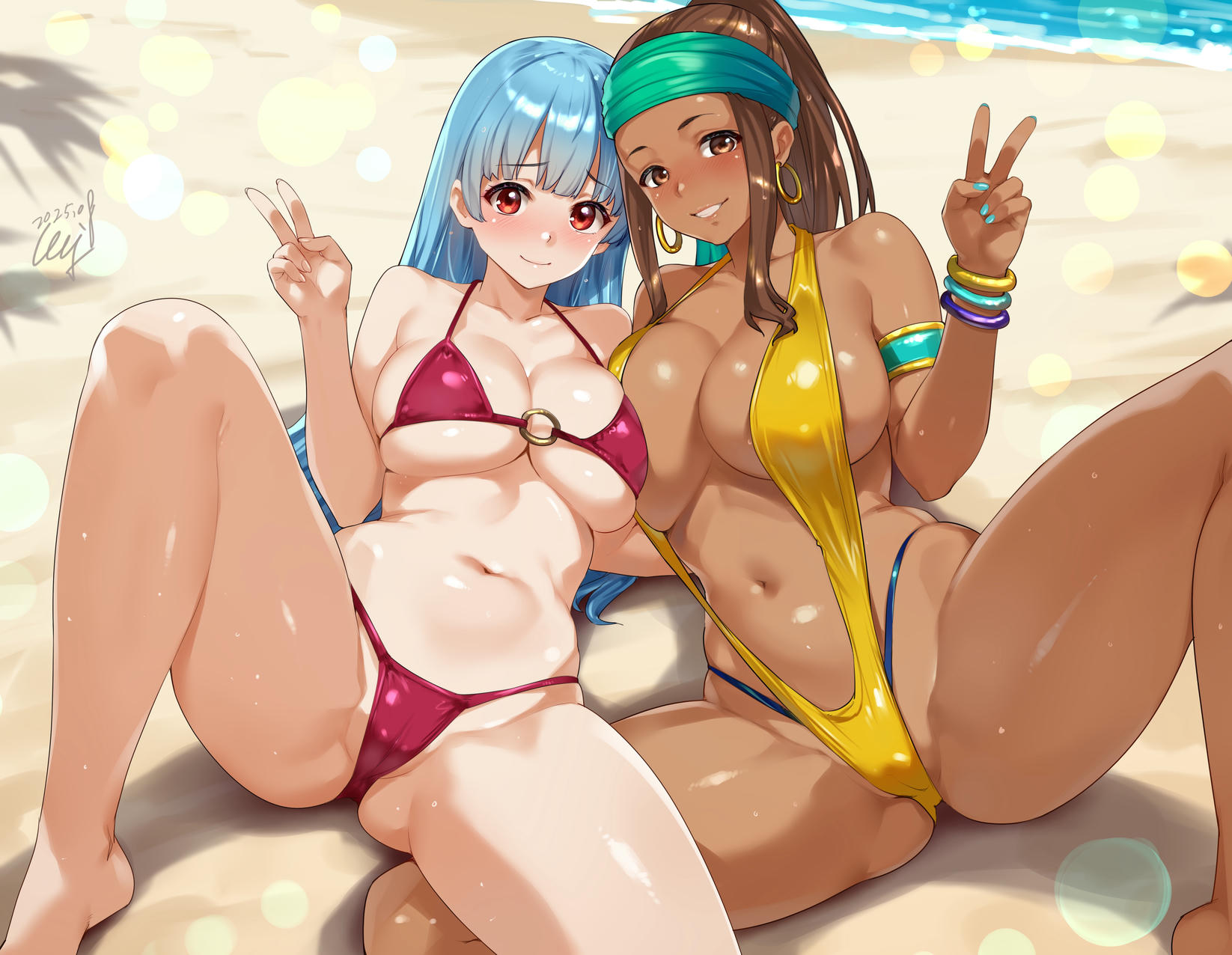 menyoujan, kula diamond, zarina, the king of fighters, commentary request, highres, variant set, 2girls, armlet, asymmetrical docking, barefoot, beach, bikini, blue hair, blush, bracelet, breast press, breasts, brown hair, cleavage, covered erect nipples, dark-skinned female, dark skin, gluteal fold, green headband, headband, jewelry, knee up, large breasts, long hair, looking at viewer, multiple girls, navel, outdoors, ponytail, red bikini, shiny skin, sitting, slingshot swimsuit, stomach, swimsuit, thighs, underboob, v, yellow slingshot swimsuit