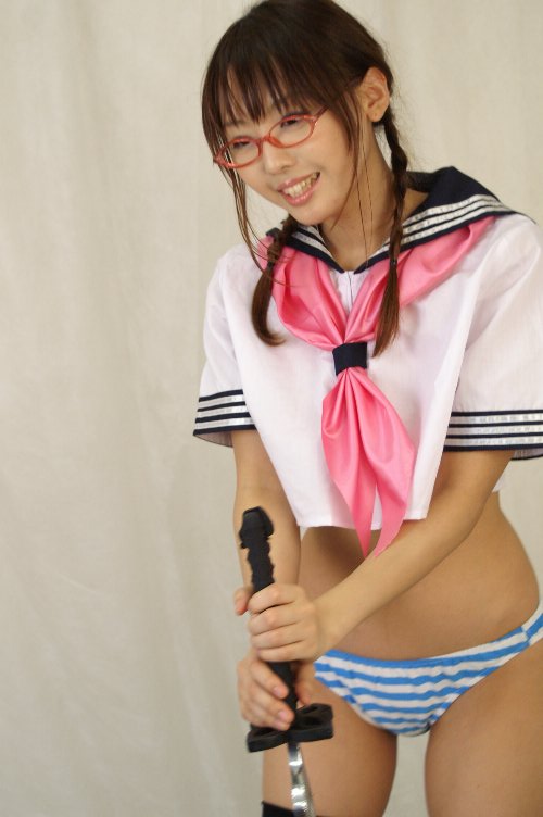 ahane ahaneco, arisugawa shii, the art of yamashita shunya, photo (medium), 1girl, arisugawa shii (cosplay), asian, bottomless, braid, brown hair, cosplay, female focus, glasses, indoors, long hair, panties, red-framed eyewear, school uniform, serafuku, smile, solo, standing, striped clothes, striped panties, sword, thighhighs, twin braids, underwear, weapon