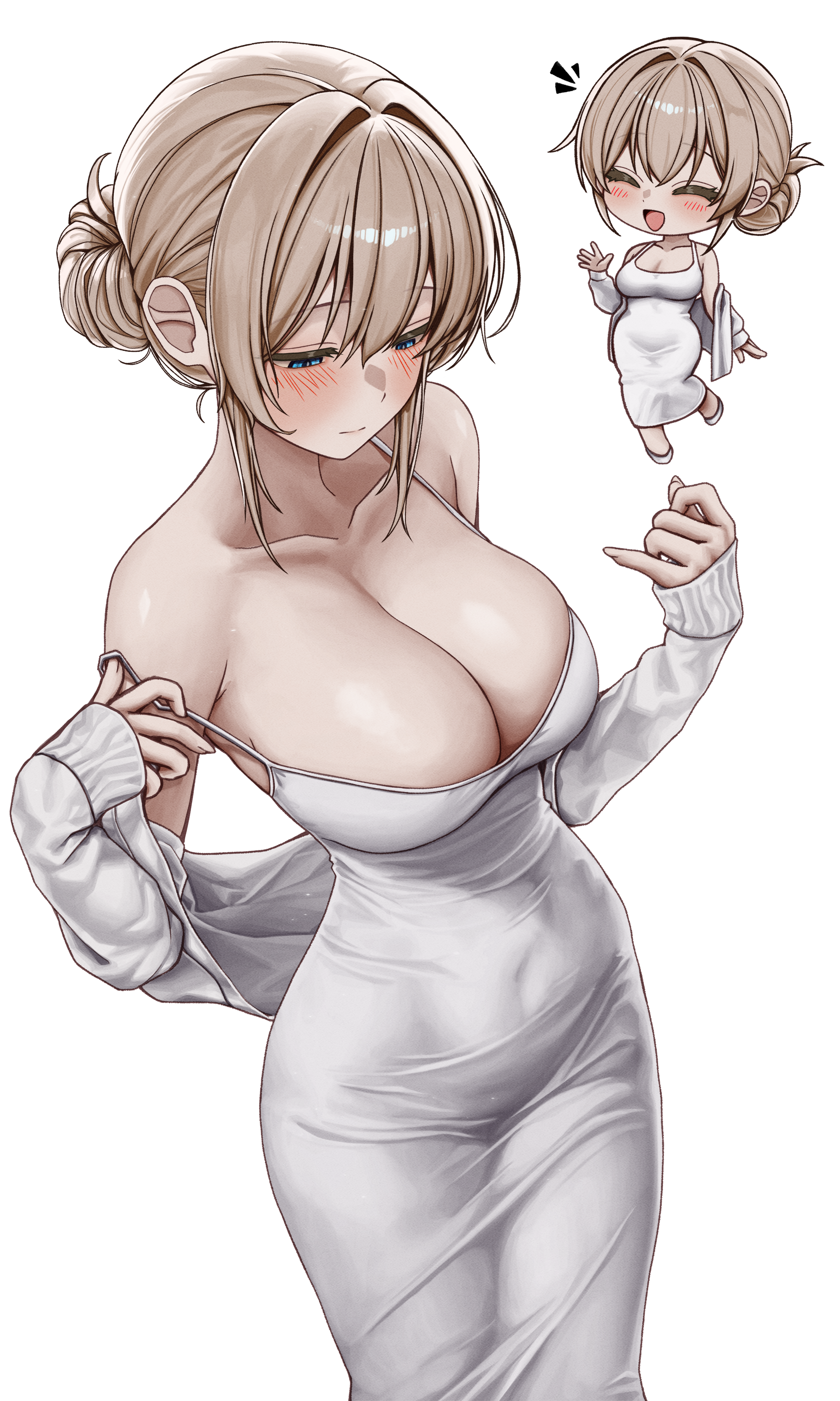 gwan-e, tsukasa erin (gwan-e), original, absurdres, highres, 1girl, bare shoulders, blue eyes, blush, breasts, brown hair, cleavage, closed eyes, closed mouth, collarbone, dongtan dress, dress, hair bun, hands up, large breasts, long sleeves, off shoulder, open mouth, simple background, single hair bun, smile, white background, white dress