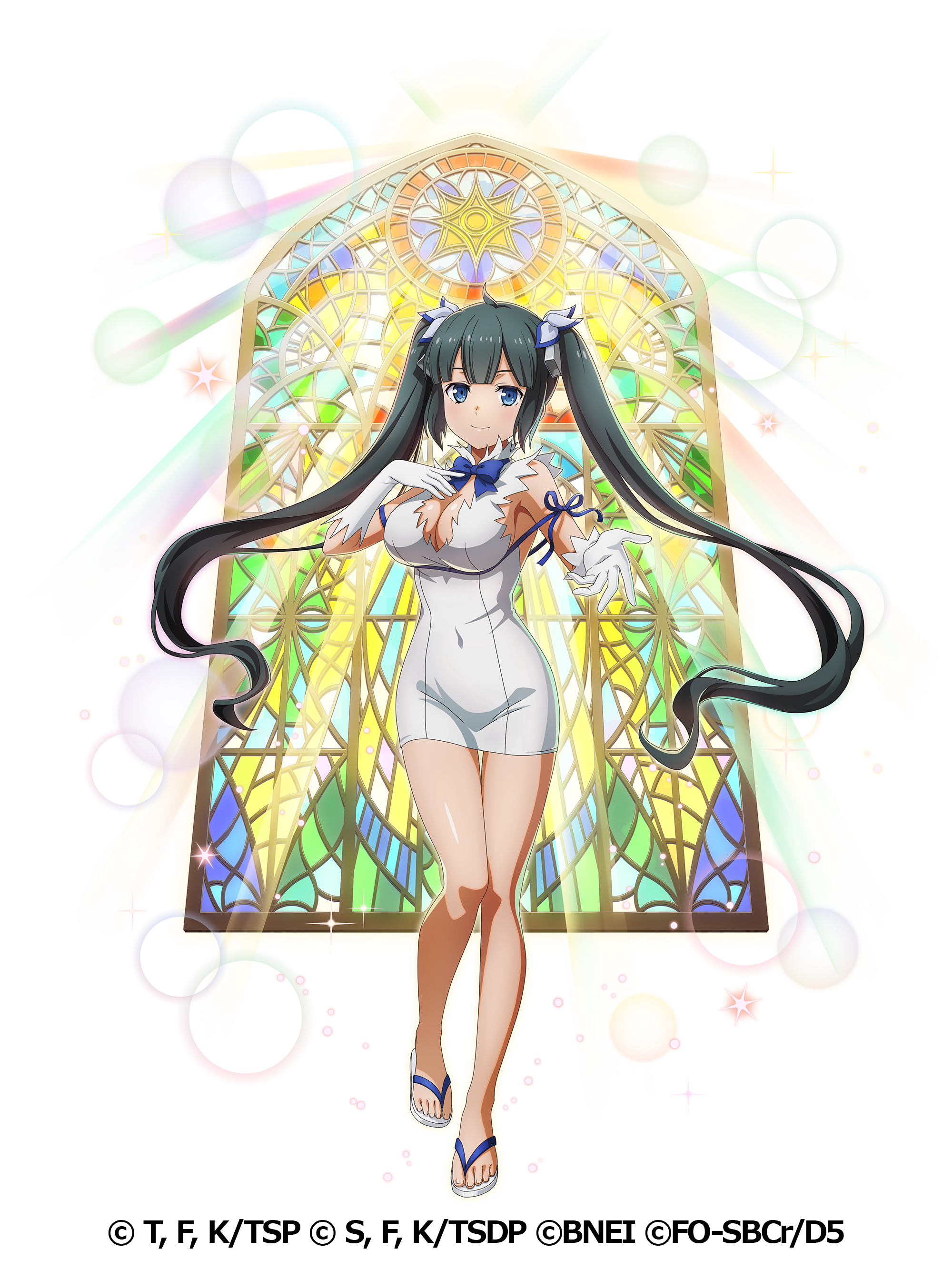 hestia (danmachi), dungeon ni deai wo motomeru no wa machigatteiru darou ka, tensei shitara slime datta ken, absurdres, artist request, highres, official art, 1girl, backless dress, backless outfit, bare legs, black hair, breasts, copyright name, dress, full body, gloves, hair ornament, large breasts, looking at viewer, sandals, sleeveless, sleeveless dress, stained glass, twintails, white dress, white gloves, white sandals