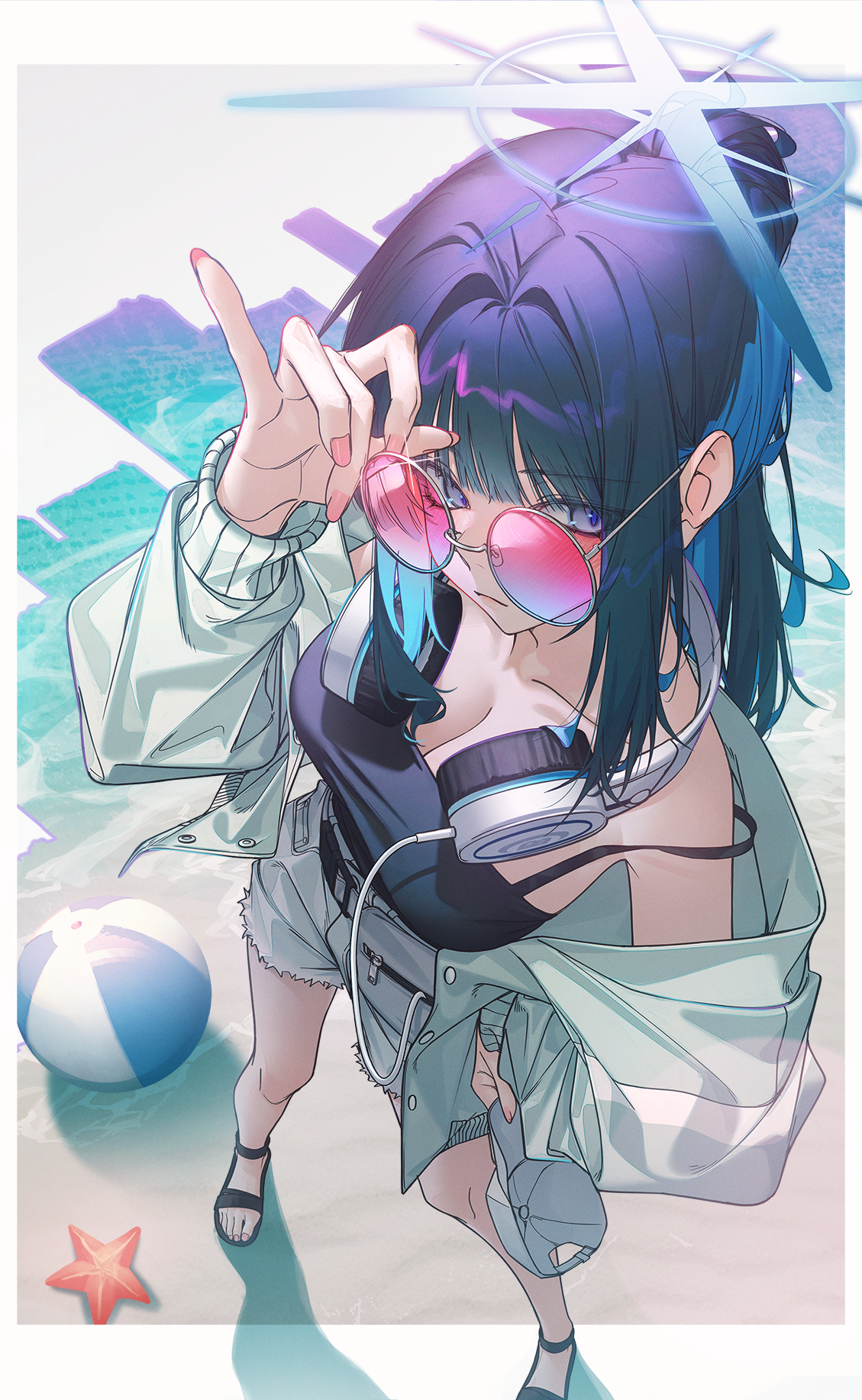 2no (pixiv75196219), saori (blue archive), saori (swimsuit) (blue archive), blue archive, commentary, highres, 1girl, aqua jacket, ball, beachball, black camisole, black hair, blue halo, border, breasts, camisole, cleavage, closed mouth, colored inner hair, contrapposto, denim, denim shorts, foreshortening, from above, grey shorts, halo, hand up, hat, headphones, headphones around neck, holding, holding unworn clothes, holding unworn hat, jacket, large breasts, long sleeves, looking to the side, multicolored hair, off shoulder, official alternate costume, outside border, pinky out, ponytail, puffy long sleeves, puffy sleeves, round eyewear, sandals, shorts, solo, starfish, toes, unworn hat, unworn headwear, white border, white hat