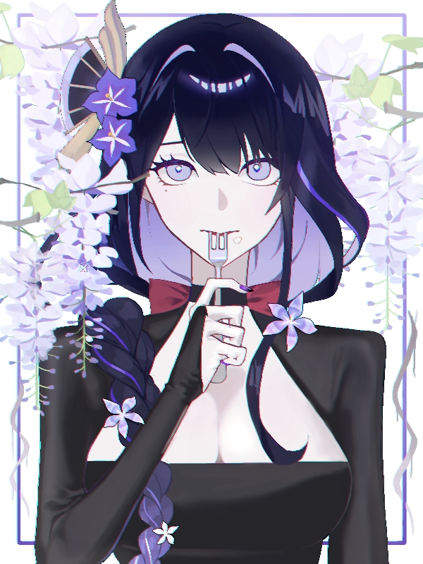 lseesl1, raiden shogun, genshin impact, 1girl, alternate costume, back bow, blunt bangs, bow, braid, branch, breasts, bridal gauntlets, center opening, cleavage, closed mouth, detached collar, fan hair ornament, flower, flower ornament, food, food in mouth, food on face, fork, gradient hair, hair flower, hair intakes, hair ornament, holding, holding fork, large breasts, long braid, long hair, long sleeves, looking at viewer, looking up, mole, mole under eye, multicolored eyes, multicolored hair, purple eyes, purple flower, purple hair, purple nails, shade, single braid, solo, standing, streaked hair, symbol-shaped pupils, upper body, white flower, wisteria