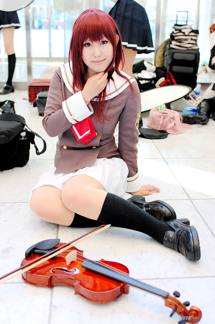 hino kahoko, moeka (cosplayer), kiniro no corda, photo (medium), cosplay, instrument, red hair, school uniform, serafuku, socks, violin