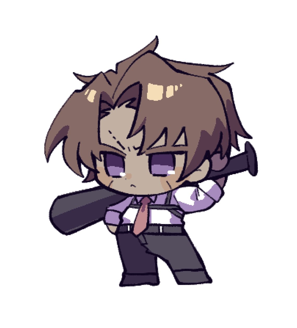 nantekottawo!!, heathcliff (project moon), limbus company, project moon, highres, 1boy, :<, angry, baseball bat, black pants, black shoes, brown hair, chibi, collared shirt, dark-skinned male, dark skin, full body, holding, holding baseball bat, male focus, necktie, pants, purple eyes, red necktie, shirt, shoes, simple background, solo, v-shaped eyebrows, white background, white shirt