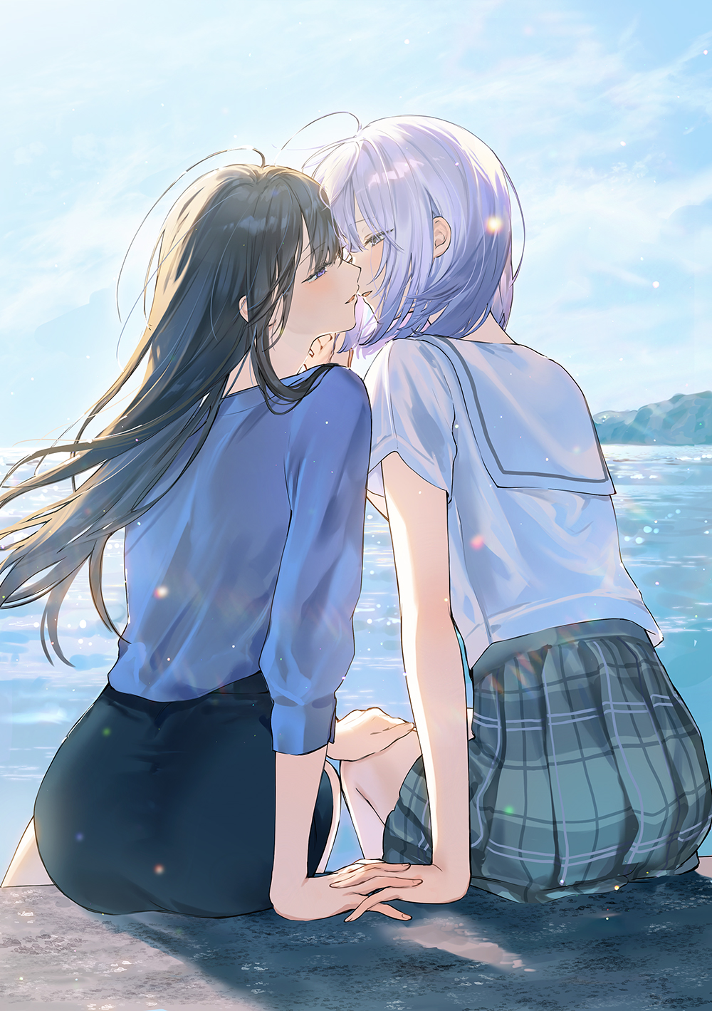nekoyashiki pushio, ichigohara itsuki, togawa rin, hitozuma kyoushi ga oshiego no joshikousei ni dohamari suru hanashi, commentary request, highres, second-party source, 2girls, black hair, eye contact, grey hair, hand on another's cheek, hand on another's face, hand on another's knee, imminent kiss, interlocked fingers, long hair, looking at another, mountain, multiple girls, ocean, school uniform, short hair, sitting, sunlight, yuri