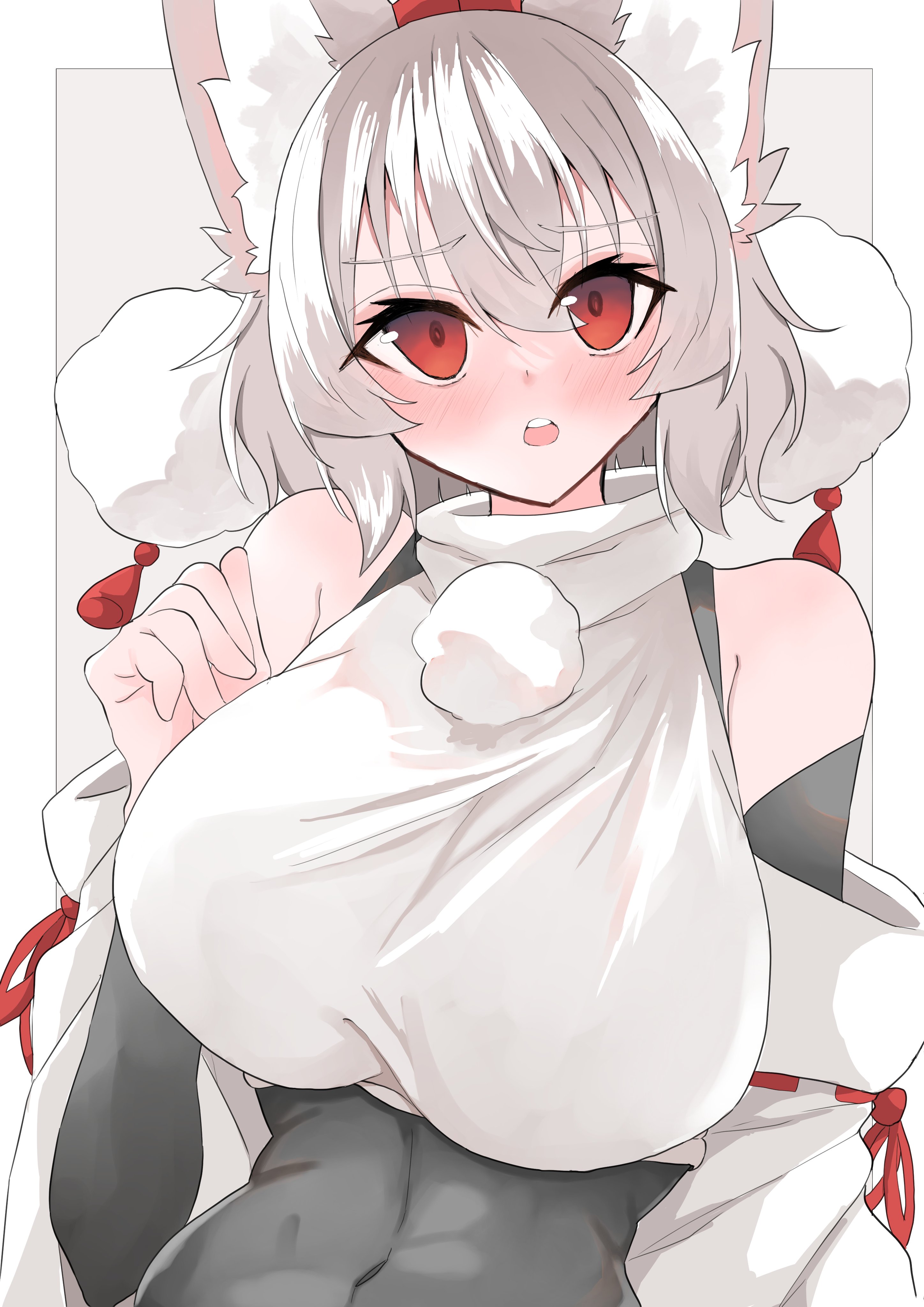 regua, inubashiri momiji, touhou, absurdres, highres, 1girl, animal ears, black shirt, blush, breasts, covered erect nipples, crop top, detached sleeves, embarrassed, hair between eyes, hat, large breasts, medium hair, open mouth, pom pom (clothes), red eyes, shirt, sleeveless, sleeveless shirt, solo, teeth, tokin hat, upper body, upper teeth only, white hair, wolf ears, wolf girl