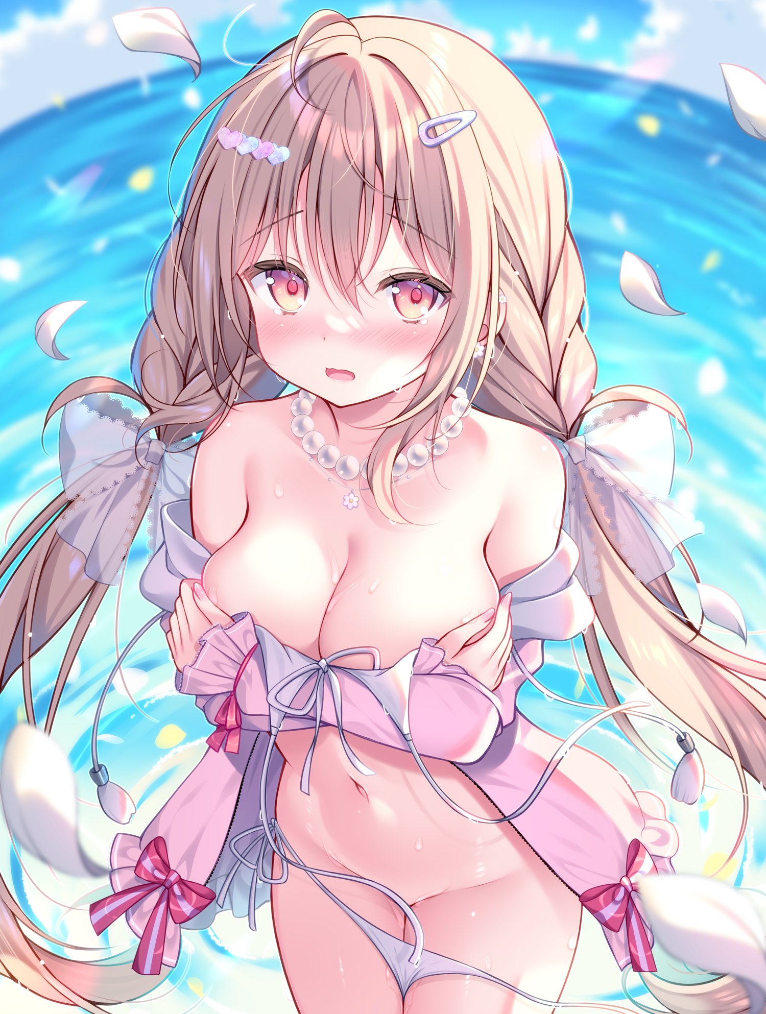 watagashi yui, original, commentary request, highres, 1girl, ahoge, bare shoulders, bead necklace, beads, bikini, blue sky, blush, bow, braid, breasts, brown eyes, brown hair, cleavage, cloud, collarbone, convenient censoring, day, falling petals, hair between eyes, hair bow, hair ornament, hairclip, jacket, jewelry, large breasts, long hair, long sleeves, looking at viewer, navel, necklace, ocean, off shoulder, open clothes, open mouth, outdoors, petals, pink jacket, ribbon, sidelocks, sky, solo, swimsuit, twintails, very long hair, wardrobe malfunction, water, white bikini, white petals