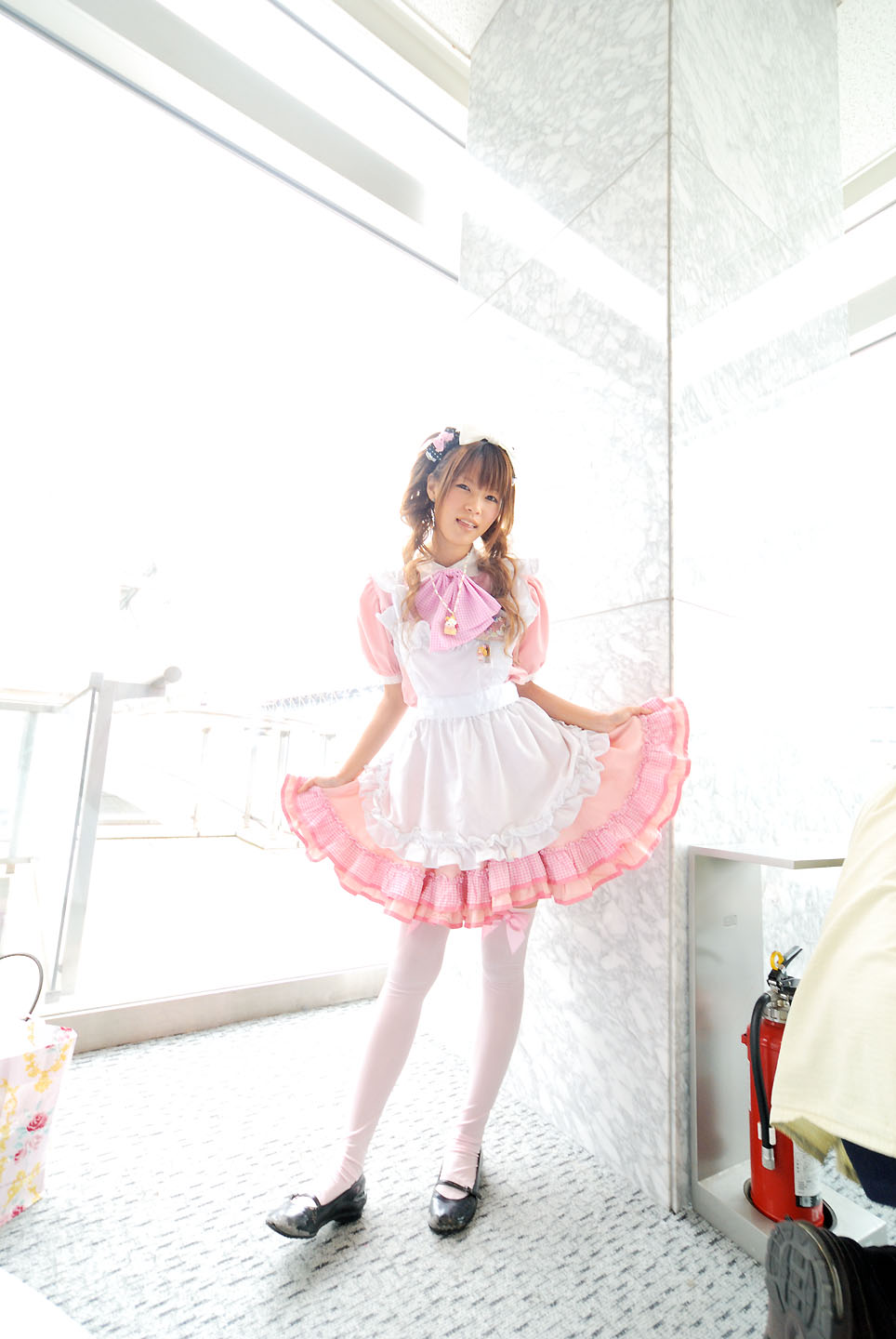 karin, character request, highres, photo (medium), source request, apron, bow, cosplay, hair bow, thighhighs, waitress