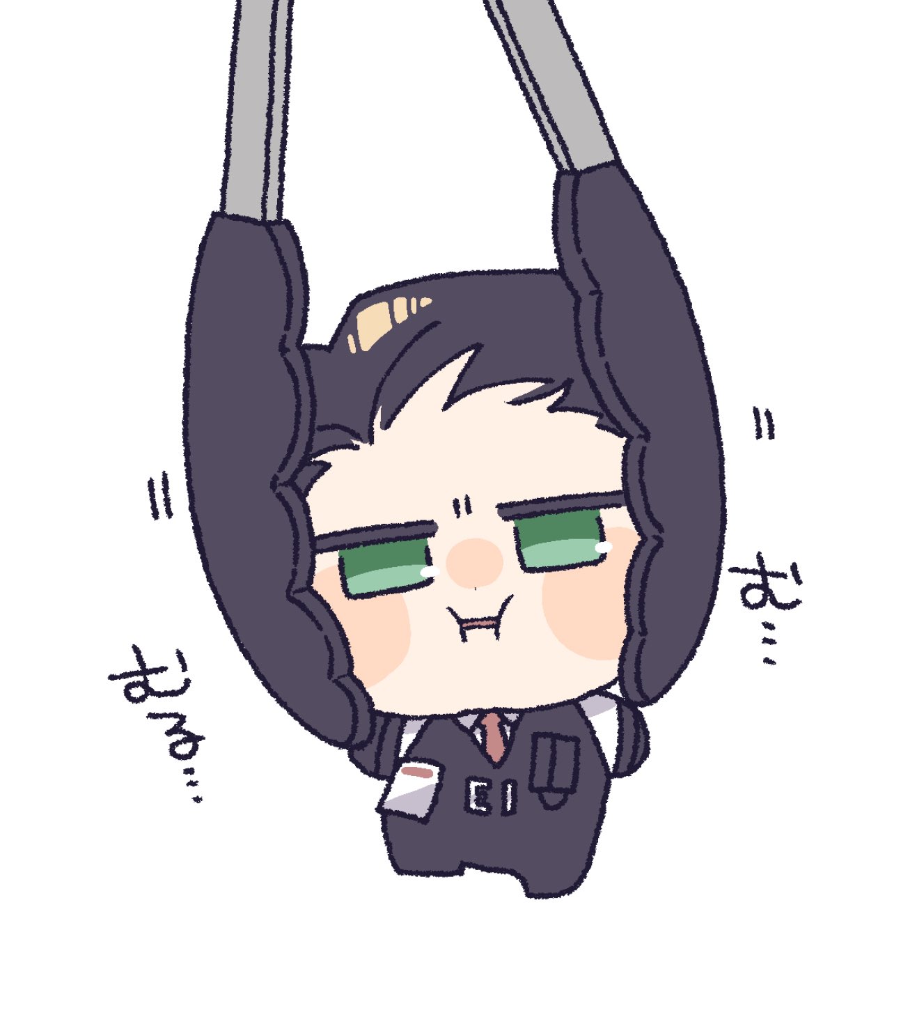 nantekottawo!!, meursault (project moon), limbus company, project moon, highres, 1boy, black hair, black pants, black vest, chibi, full body, green eyes, hair slicked back, id card, male focus, necktie, pants, red necktie, simple background, solo, tongs, vest, white background