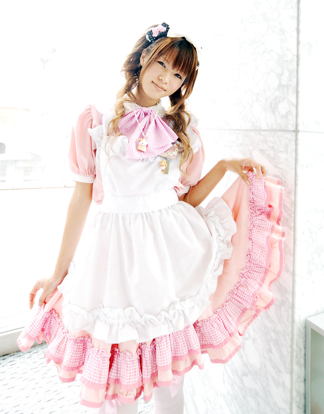 karin, character request, highres, photo (medium), source request, apron, bow, cosplay, hair bow, thighhighs, waitress