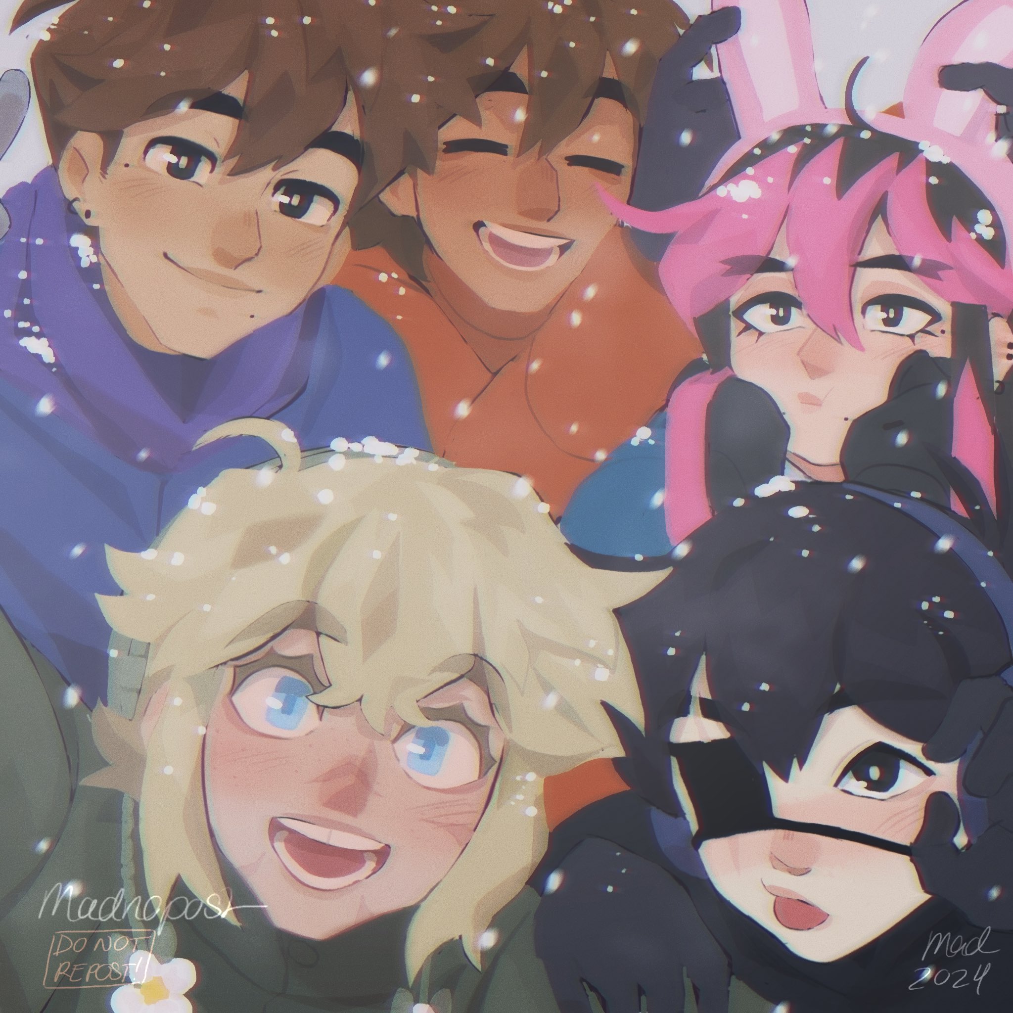madnopost, aubrey (faraway) (omori), aubrey (omori), basil (faraway) (omori), basil (omori), hero (faraway) (omori), hero (omori), kel (faraway) (omori), kel (omori), sunny (omori), omori, highres, spoilers, 2024, 4boys, alternate costume, alternate eye color, alternate hair color, alternate universe, antenna hair, artist name, black eyes, black gloves, black hair, blonde hair, blue coat, blue eyes, bright pupils, brothers, brown hair, closed eyes, closed mouth, coat, dark-skinned male, dark skin, double-parted bangs, ear piercing, earmuffs, eyepatch, gloves, green coat, long hair, looking at viewer, mole, mole under eye, mole under mouth, multicolored hair, multiple boys, open mouth, orange coat, piercing, pink hair, short hair, siblings, sidelocks, snow, snowing, teeth, tongue, tongue out, two-tone hair, white pupils