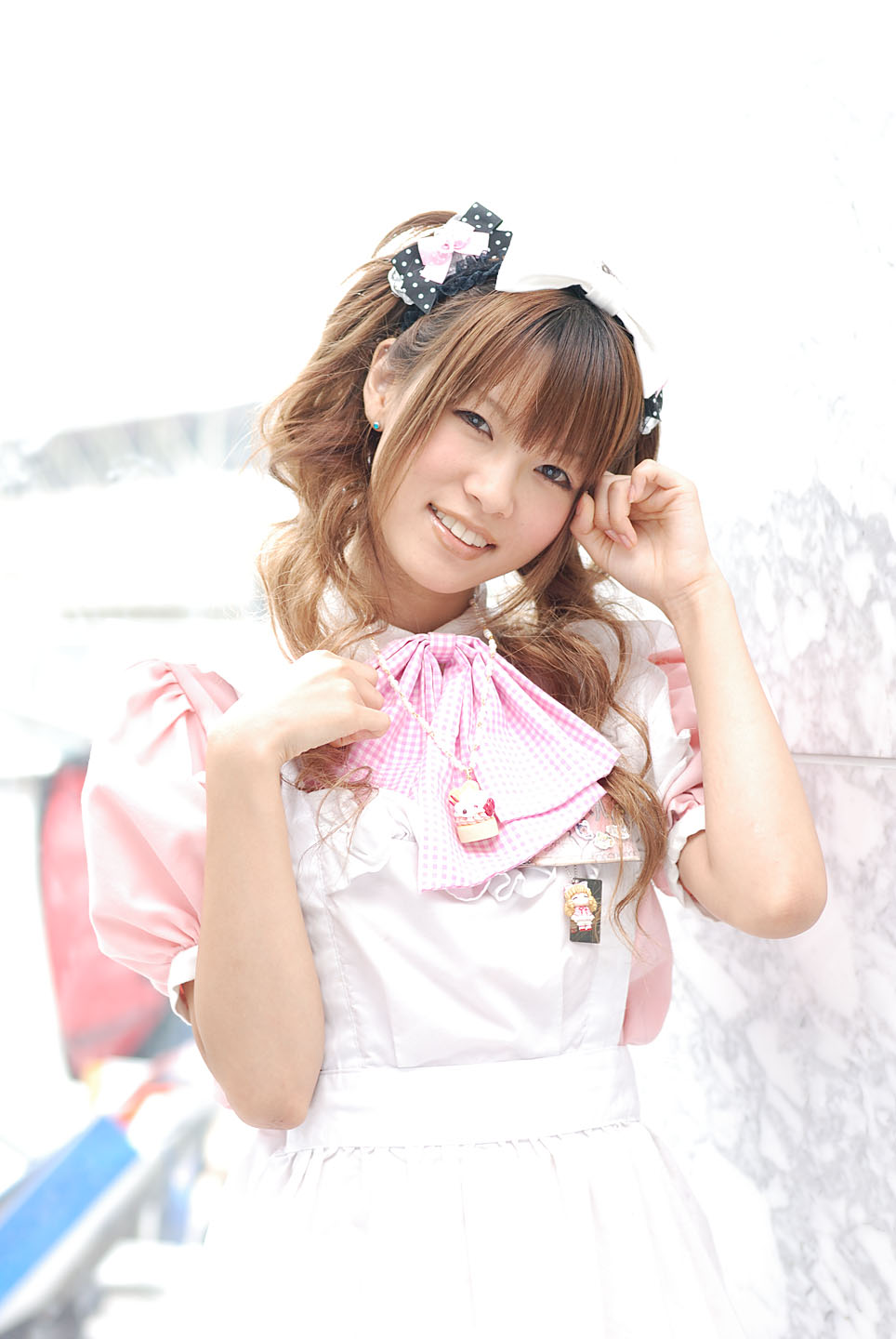 karin, character request, highres, photo (medium), source request, apron, bow, cosplay, hair bow, waitress