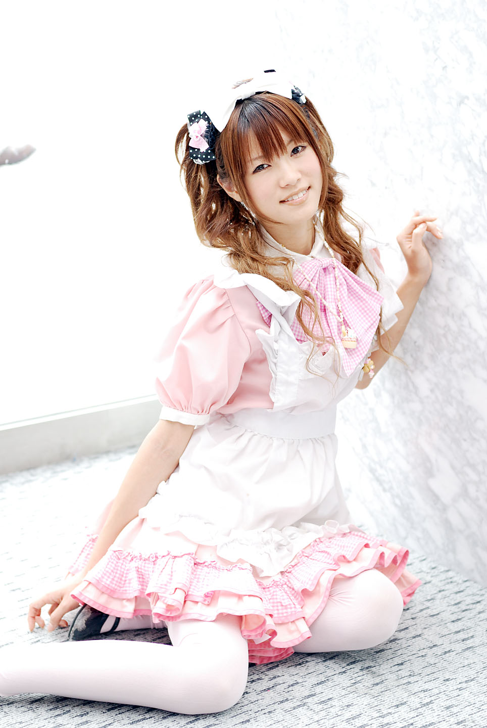 karin, character request, highres, photo (medium), source request, apron, bow, cosplay, hair bow, thighhighs, waitress