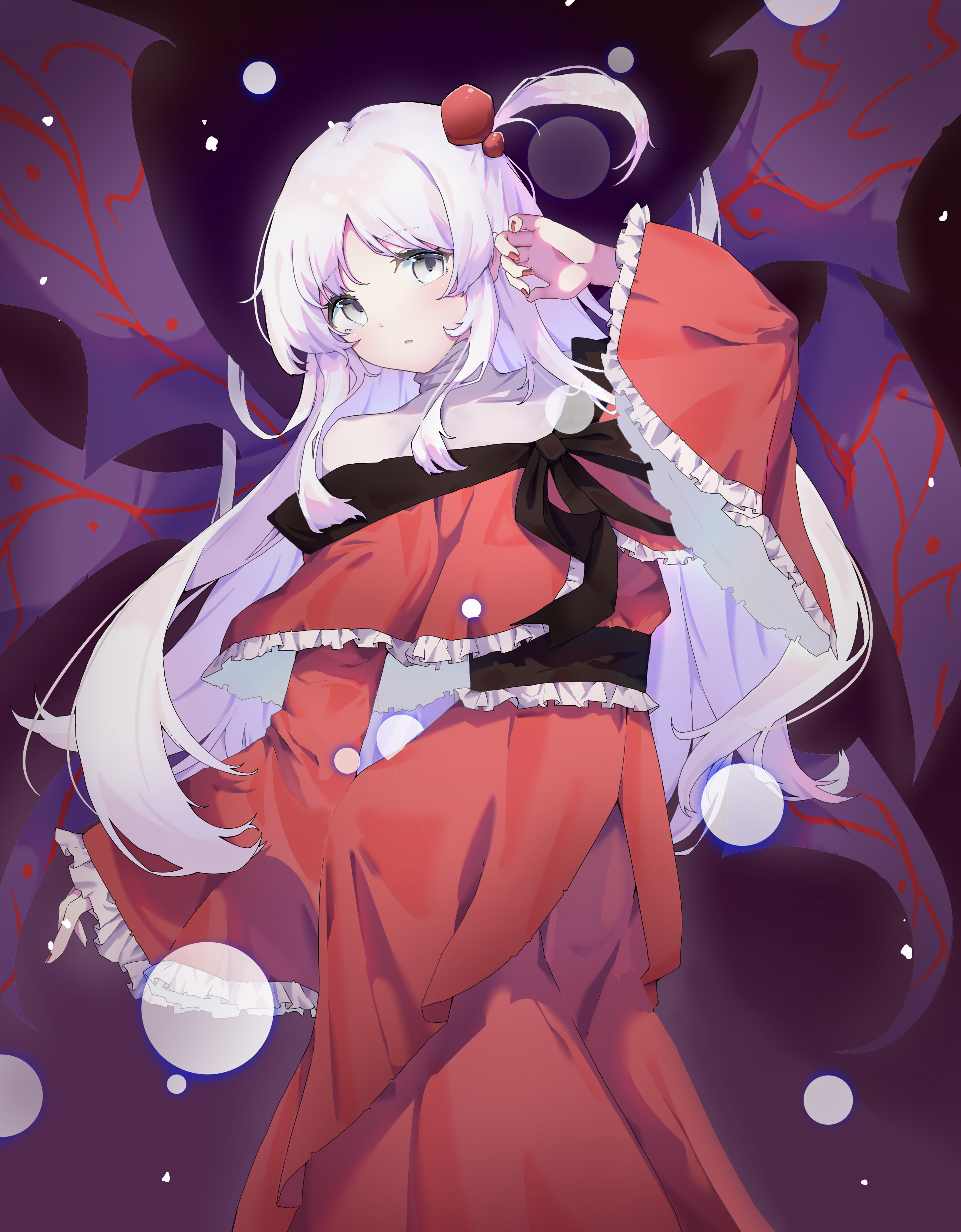 kitahara (pixiv 19528441), shinki (touhou), touhou, touhou (pc-98), absurdres, highres, 1girl, arm up, beads, black ribbon, black sash, capelet, dress, frilled capelet, frilled sash, frilled sleeves, frills, hair beads, hair ornament, long hair, long sleeves, looking to the side, purple wings, red capelet, red dress, red nails, ribbon, sash, solo, turtleneck, white eyes, white hair, wide sleeves, wings