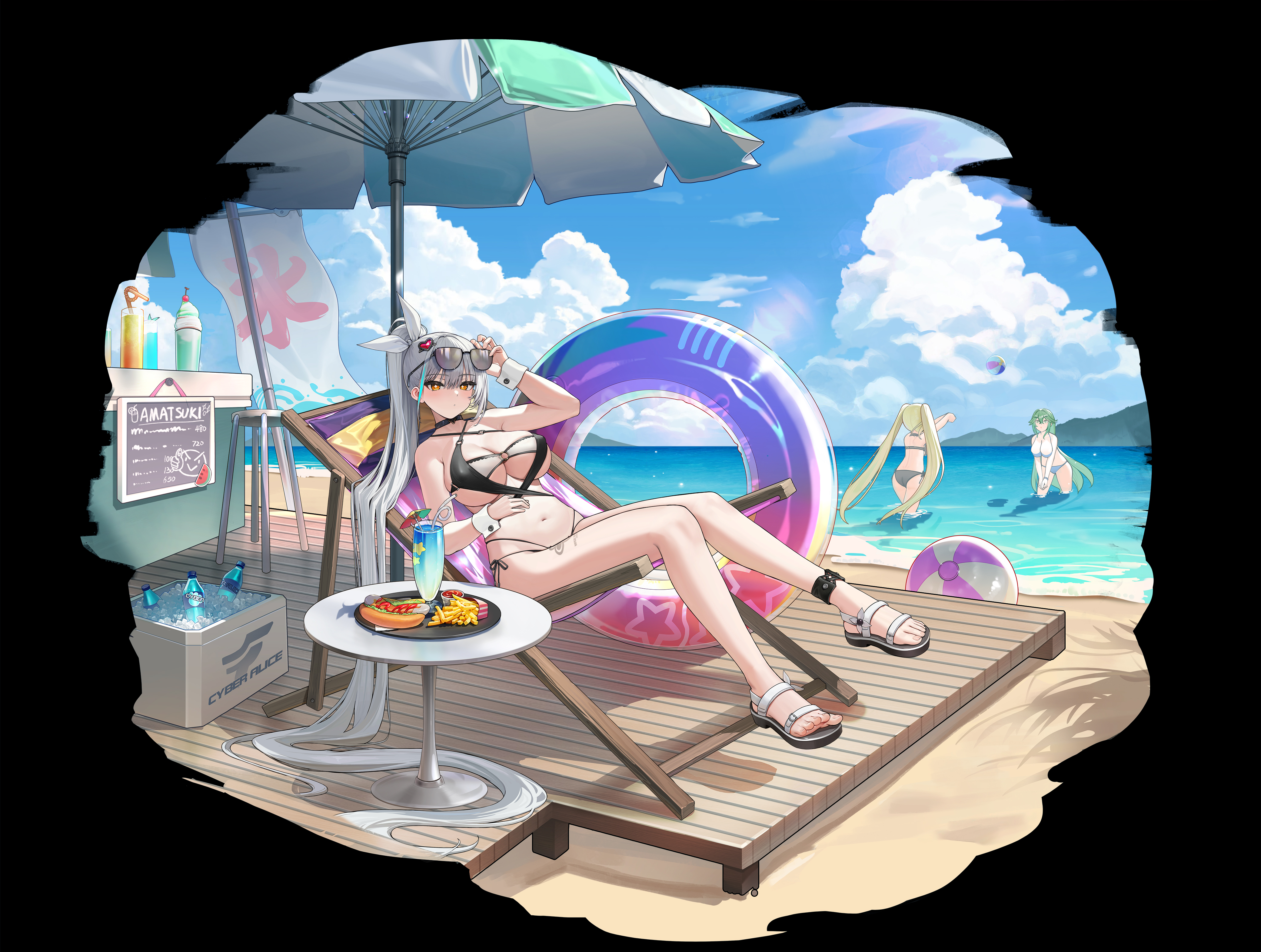 absurdres, highres, official art, 07 (amatsuki mahjong), 3girls, amatsuki mahjong, ankle strap, ball, bare shoulders, beach, beach chair, beach umbrella, beachball, bikini, black bikini, black sandals, blue sky, breasts, cloud, criss-cross halter, day, drink, eyewear on head, feet, food, full body, grey hair, hair between eyes, hair ornament, halterneck, heart, heart hair ornament, large breasts, lhch, long hair, multicolored hair, multiple girls, o-ring, o-ring bikini, ocean, outdoors, ponytail, ribbon, sandals, sitting, sky, solo focus, streaked hair, string bikini, sunglasses, swimsuit, tachi-e, thighs, transparent background, umbrella, very long hair, white ribbon, white wrist cuffs, wrist cuffs, yellow eyes