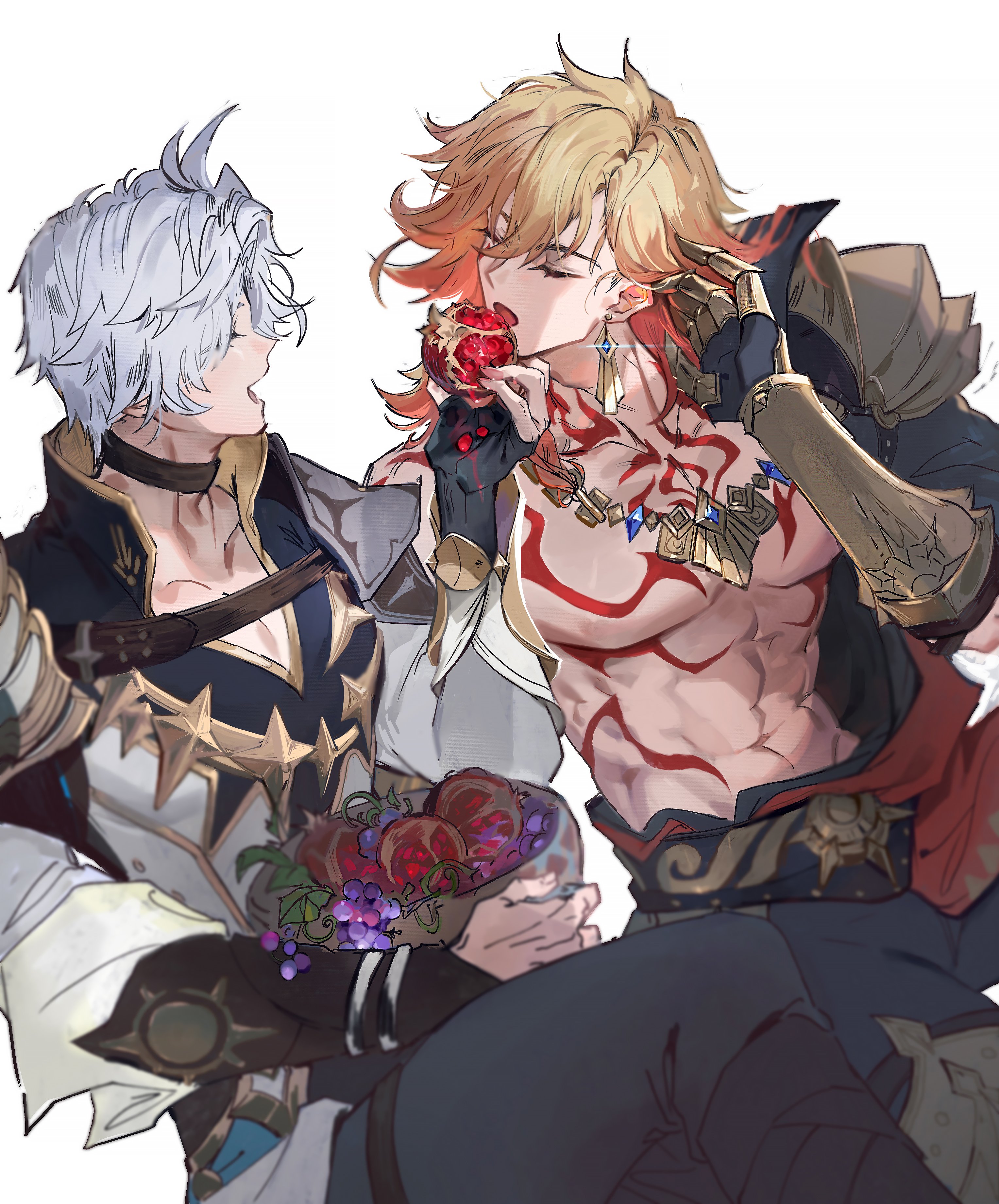 qel, mydei (honkai: star rail), phainon (honkai: star rail), honkai: star rail, honkai (series), absurdres, commentary, highres, 2boys, abs, antenna hair, arm tattoo, armor, black choker, black coat, black gloves, black pants, black shirt, blonde hair, braid, chest tattoo, choker, clawed gauntlets, closed eyes, coat, crossed legs, earrings, facial tattoo, fingerless gloves, food, fruit, gloves, gold earrings, gold necklace, gradient hair, hair between eyes, holding, holding food, holding fruit, jewelry, male focus, medium hair, multicolored hair, multiple boys, necklace, open clothes, open coat, pants, pauldrons, pomegranate, red hair, red tattoo, shirt, short hair, shoulder armor, side braid, simple background, single glove, single pauldron, tattoo, toned, toned male, white background, white coat, white hair