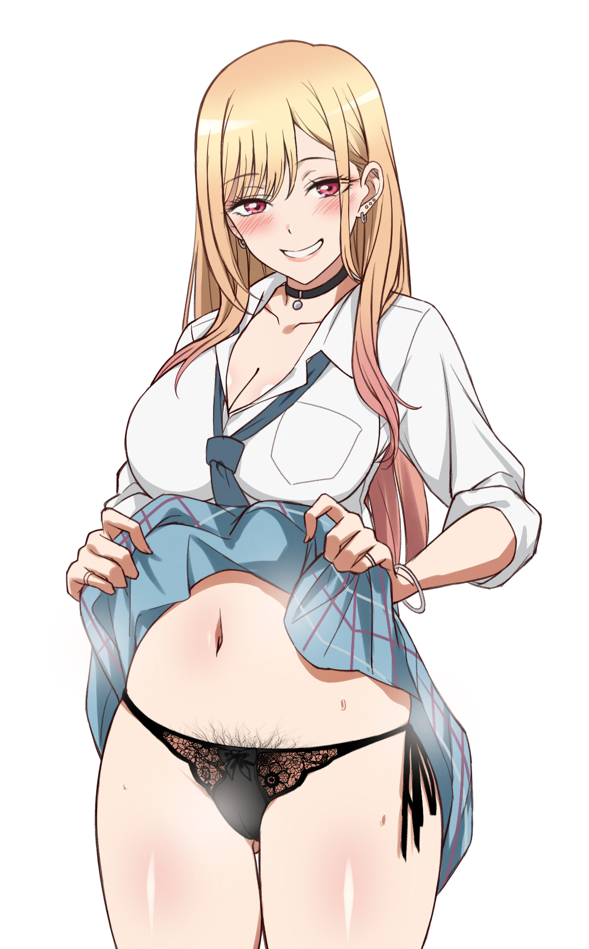 saint laurent paris, kitagawa marin, sono bisque doll wa koi wo suru, highres, 1girl, black choker, black panties, blonde hair, blue bow, blue bowtie, blush, bow, bowtie, breasts, choker, cleavage, clothes lift, ear piercing, gradient hair, lifting own clothes, long hair, long sleeves, looking at viewer, multicolored hair, navel, panties, piercing, pink hair, pubic hair, red eyes, school uniform, shirt, simple background, skirt, skirt lift, sleeves rolled up, smile, solo, underwear, white background, white shirt