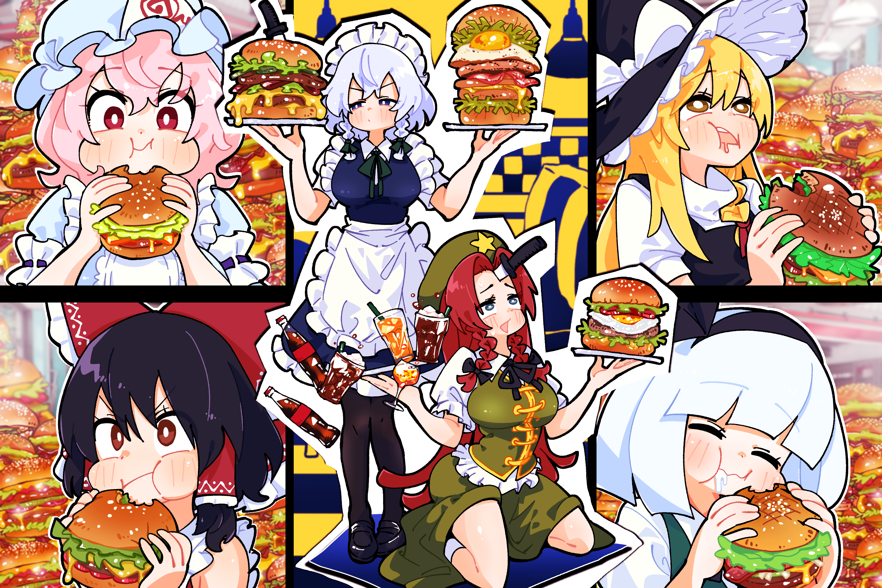 gram 9, hakurei reimu, hong meiling, izayoi sakuya, kirisame marisa, konpaku youmu, saigyouji yuyuko, touhou, highres, 6+girls, apron, bare shoulders, black hair, black shoes, black vest, blonde hair, blue dress, blue eyes, blue kimono, blush, bottle, bow, braid, breasts, brown eyes, burger, chinese clothes, closed eyes, closed mouth, cola, cup, dress, drinking glass, drinking straw, eating, embarrassed, food, frills, full body, green skirt, green vest, hairband, hat, holding, holding burger, holding food, holding tray, japanese clothes, kimono, knife, knife in head, large breasts, long hair, maid, maid apron, maid headdress, medium hair, multiple girls, object through head, open mouth, pantyhose, pink hair, red bow, red eyes, red hair, shirt, shoes, sitting, skirt, sleeveless, sleeveless shirt, tray, twin braids, upper body, vest, wariza, white hair, white shirt, witch hat, yellow eyes