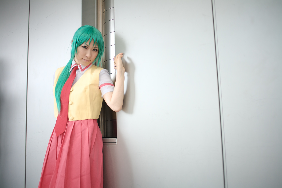 chippi, sonozaki mion, higurashi no naku koro ni, photo (medium), 1girl, asian, color contacts, cosplay, female focus, green eyes, green hair, indoors, long hair, looking at viewer, matching hair/eyes, necktie, school uniform, solo, sonozaki mion (cosplay), vest