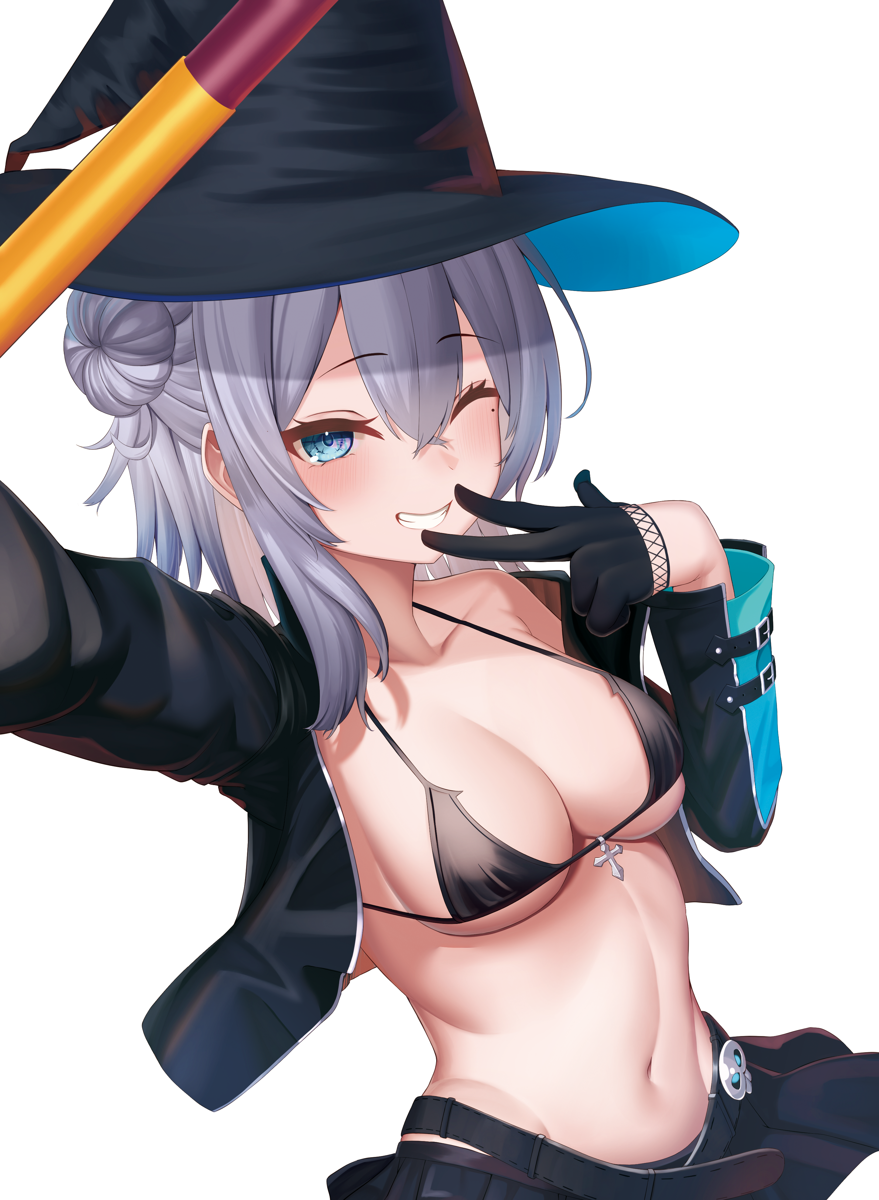 mashiro03, jade (a good girl's magic) (azur lane), jade (azur lane), azur lane, absurdres, highres, 1girl, ;d, belt, bikini, black belt, black bikini, black bra, black gloves, black hat, black jacket, blue eyes, blush, bra, breasts, cleavage, clothes pull, cropped jacket, gloves, grin, hair between eyes, hair bun, hat, jacket, jacket pull, medium breasts, medium hair, mole, mole under eye, navel, off shoulder, one eye closed, open clothes, open jacket, open mouth, pleated skirt, single bare shoulder, single hair bun, skirt, smile, solo, standing, stomach, swimsuit, underwear, upper body, v, v over mouth, white hair, witch, witch hat