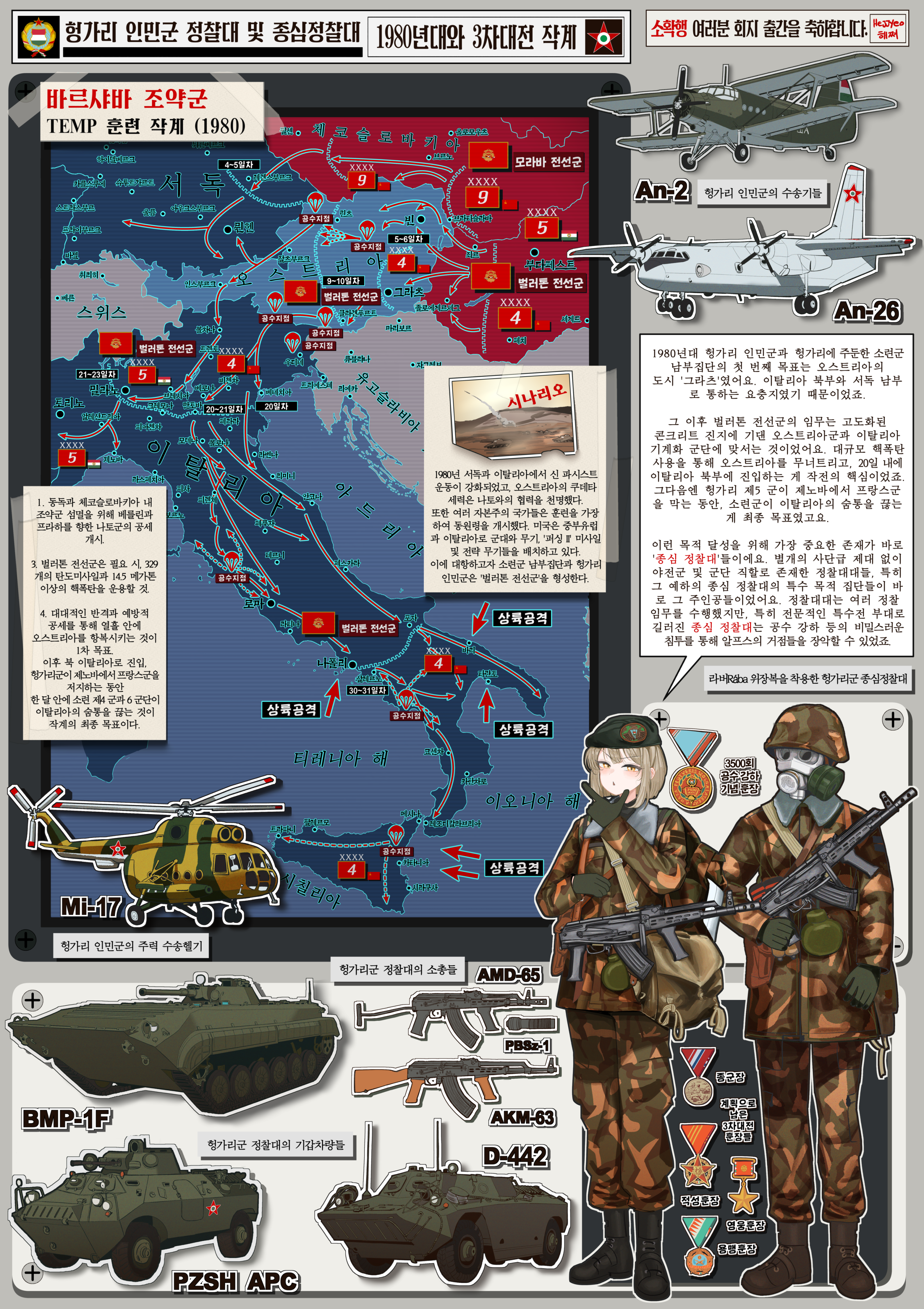 gulyas, antonov an-2, bmp-1, mi-8, original, absurdres, highres, huge filesize, translation request, 1girl, 1other, aircraft, airplane, akm, akm-63, ambiguous gender, amd-65, ammunition pouch, antonov an-26, armored car, armored personnel carrier, armored vehicle, arrow (symbol), assault rifle, beret, black hat, blonde hair, boots, camouflage, camouflage headwear, camouflage jacket, camouflage pants, canteen, cold war, combat boots, d-442 fug, explosive, folding stock, gas mask, grenade, gun, gun sling, hat, helicopter, hungarian army, hungarian flag, hungarian people's army, hungarian people's republic, hungary, infantry fighting vehicle, italy, jacket, kalashnikov rifle, korean text, map, mask, medal, mi-17, military combat uniform, military uniform, military vehicle, motor vehicle, pants, paratrooper, photo (object), pouch, pzsh, red star, rifle, short hair, soldier, soviet flag, speech bubble, star (symbol), stick grenade, suppressor, suppressor removed, tank, thinking, transport plane, warsaw pact, weapon, yellow eyes