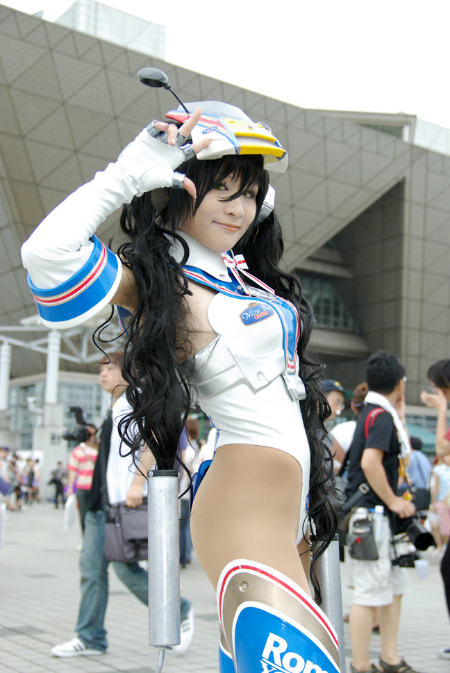 kobayakawa saiko (model), mine blue, private material romantis, photo (medium), bodysuit, boots, cosplay, elbow gloves, gloves, helmet, motorcycle parts, thigh boots, thighhighs, twintails