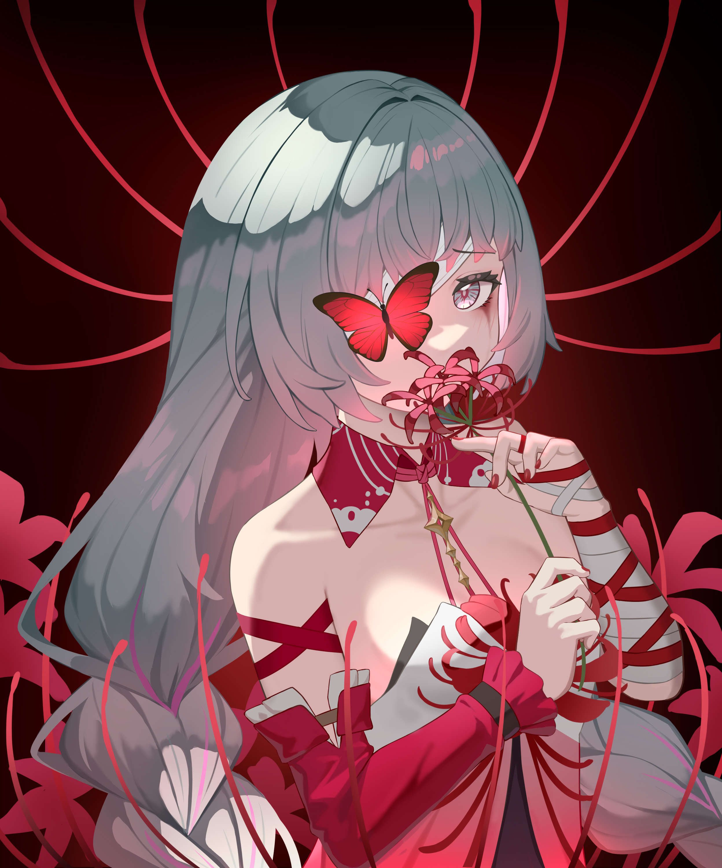 ningmengege, phrolova (wuthering waves), wuthering waves, absurdres, chinese commentary, commentary request, highres, partial commentary, 1girl, bandage over one eye, bandaged arm, bandages, bare shoulders, braid, breasts, bug, butterfly, detached sleeves, dress, flower, grey eyes, grey hair, halter dress, halterneck, holding, holding flower, insect, looking at viewer, low twin braids, medium breasts, multicolored hair, red butterfly, red dress, single detached sleeve, solo, spider lily, streaked hair, twin braids, upper body
