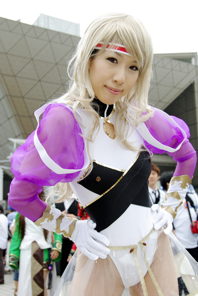 julia douglas, growlanser, photo (medium), blonde hair, cosplay, hizuki shin, see-through clothes, skirt, thighhighs