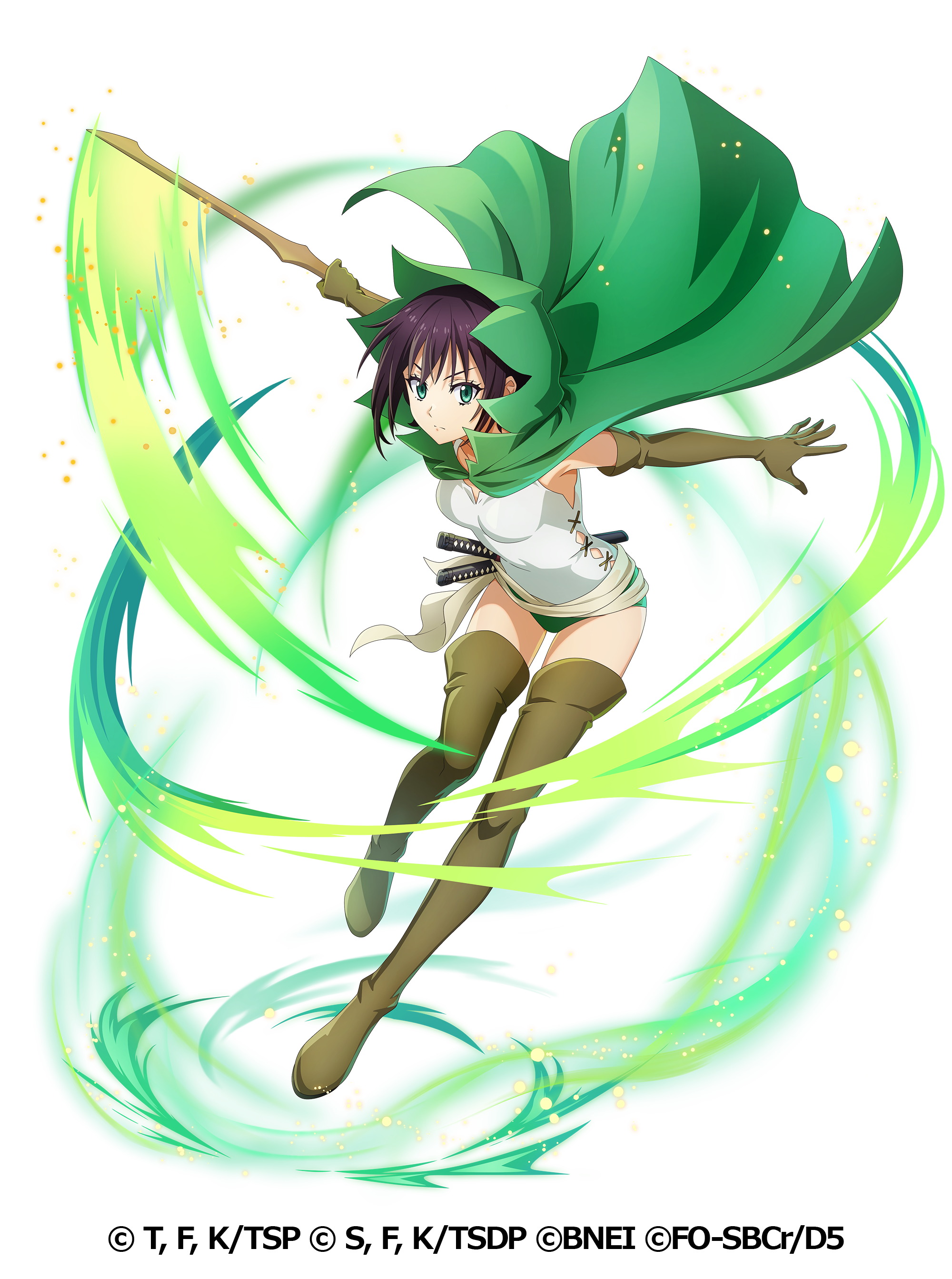 ryu lion, soka (tensura), dungeon ni deai wo motomeru no wa machigatteiru darou ka, tensei shitara slime datta ken, absurdres, artist request, highres, official art, 1girl, bloomers, boots, capelet, cosplay, elbow gloves, full body, gloves, green bloomers, green capelet, green eyes, holding, holding sword, holding weapon, hood, hooded capelet, ryu lion (cosplay), shirt, simple background, sleeveless, sword, thigh boots, underwear, weapon, white shirt
